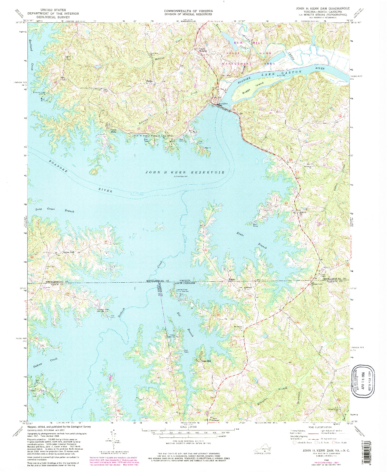 USGS 1:24000-SCALE QUADRANGLE FOR JOHN H KERR DAM, VA 1968