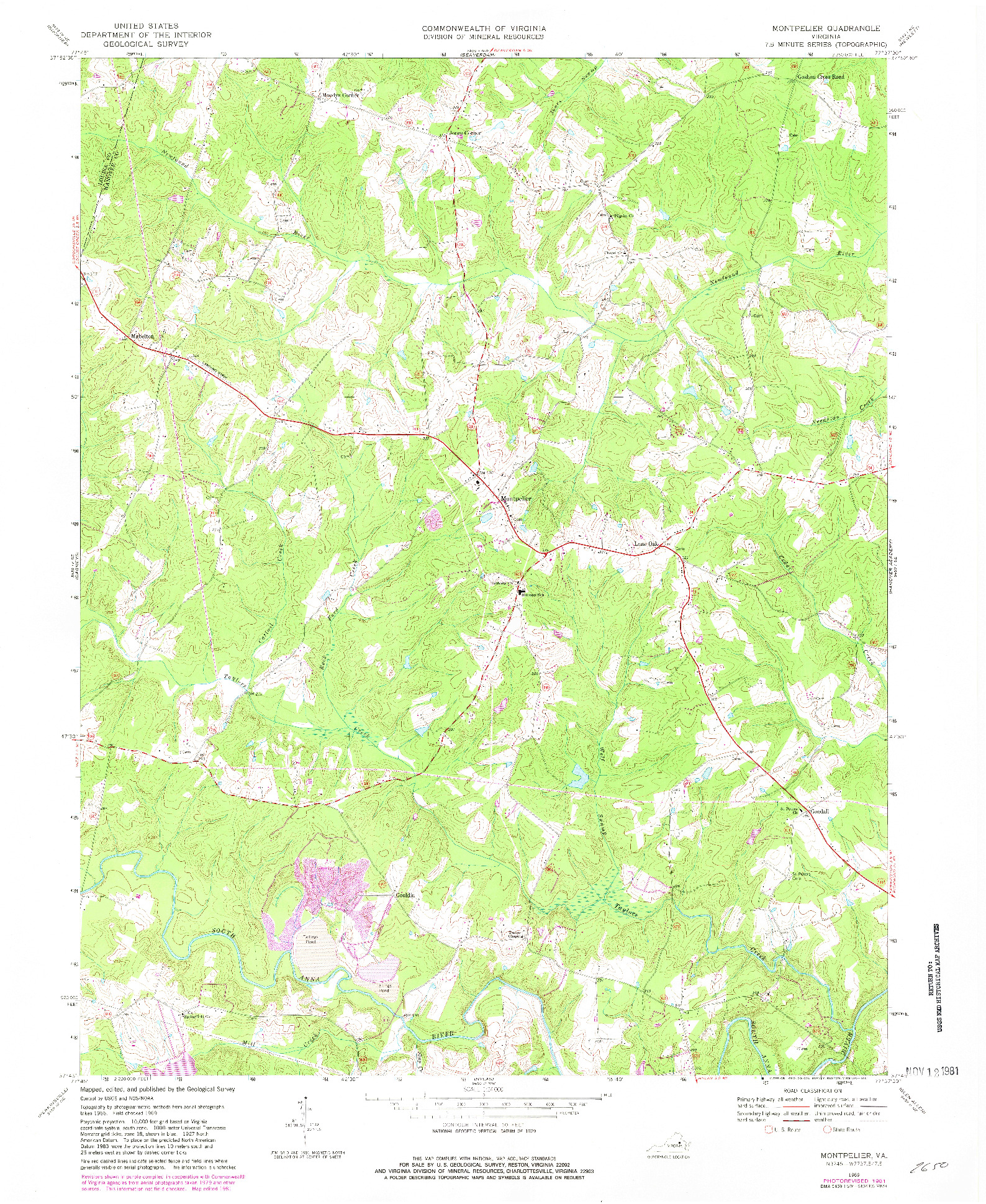 USGS 1:24000-SCALE QUADRANGLE FOR MONTPELIER, VA 1969