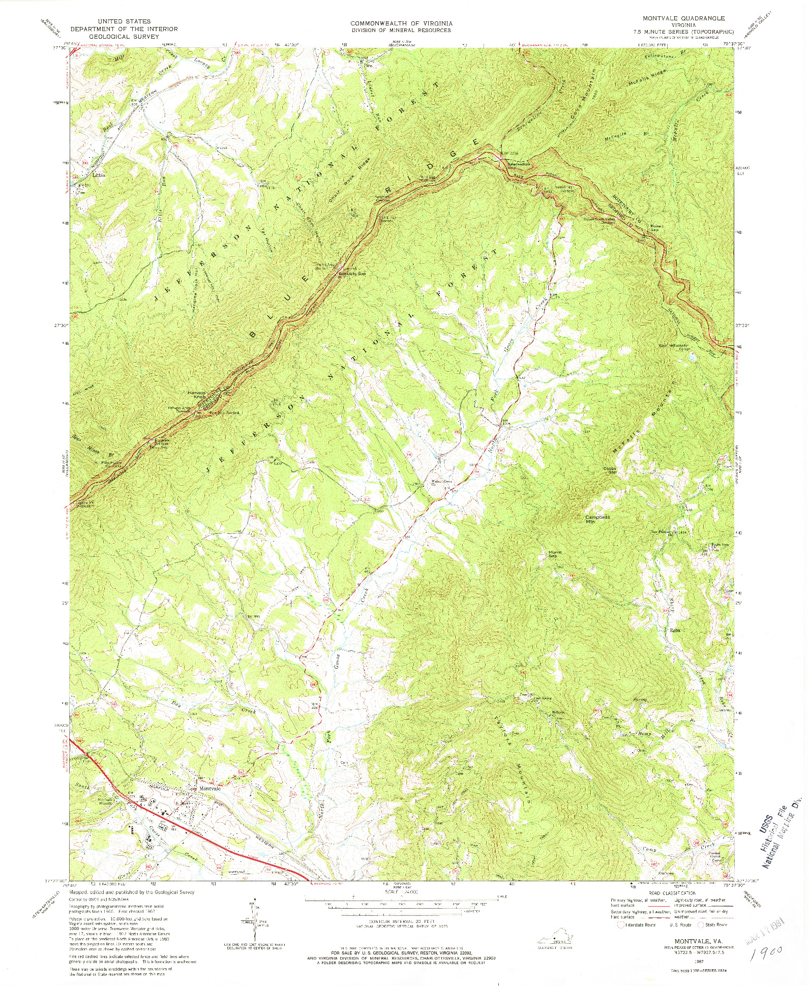 USGS 1:24000-SCALE QUADRANGLE FOR MONTVALE, VA 1967