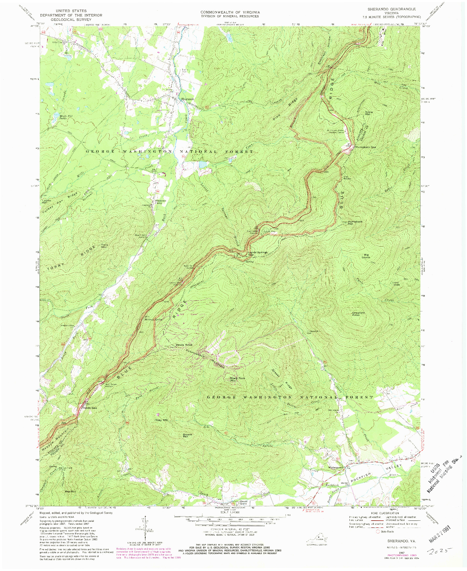 USGS 1:24000-SCALE QUADRANGLE FOR SHERANDO, VA 1967