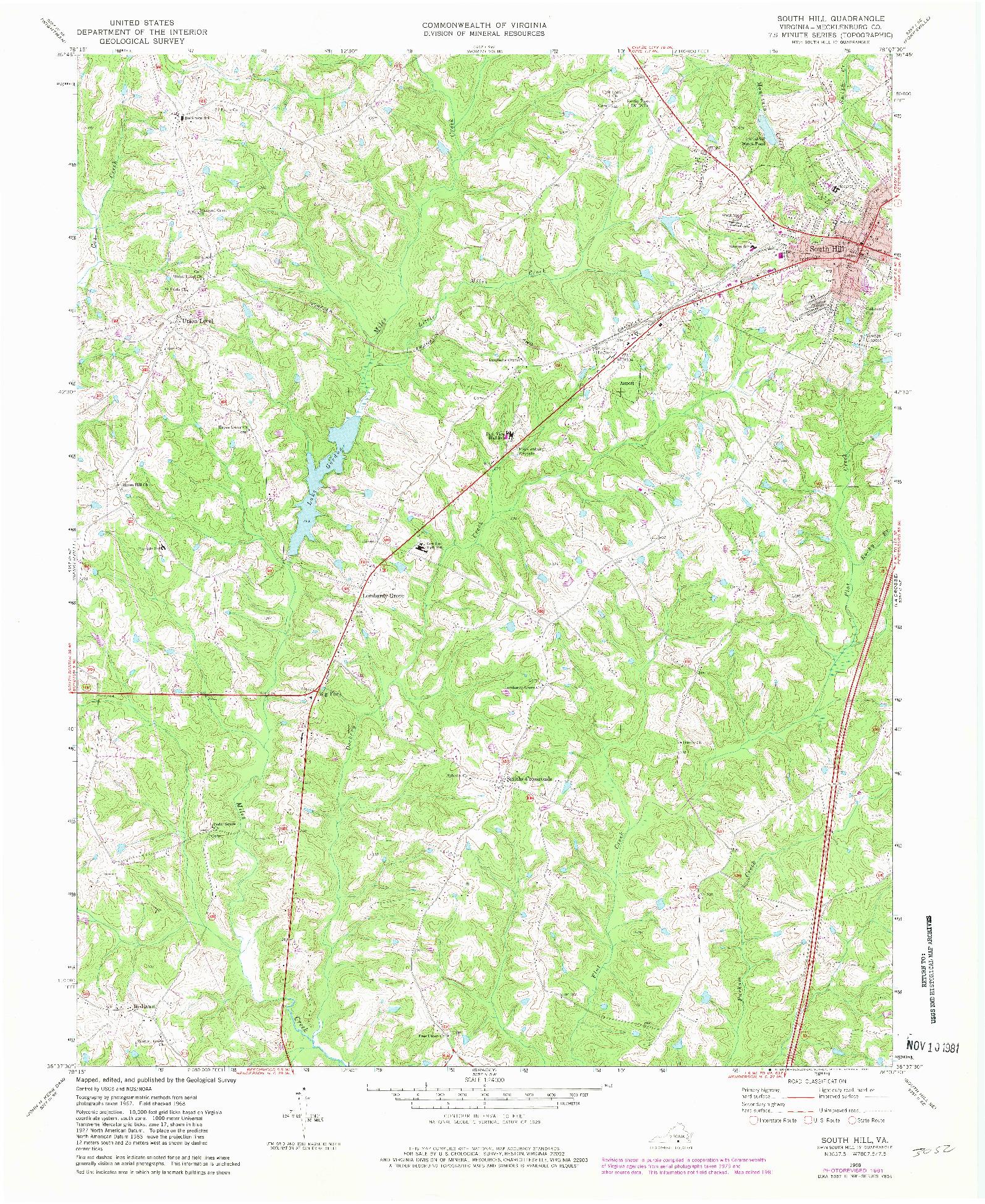 USGS 1:24000-SCALE QUADRANGLE FOR SOUTH HILL, VA 1968