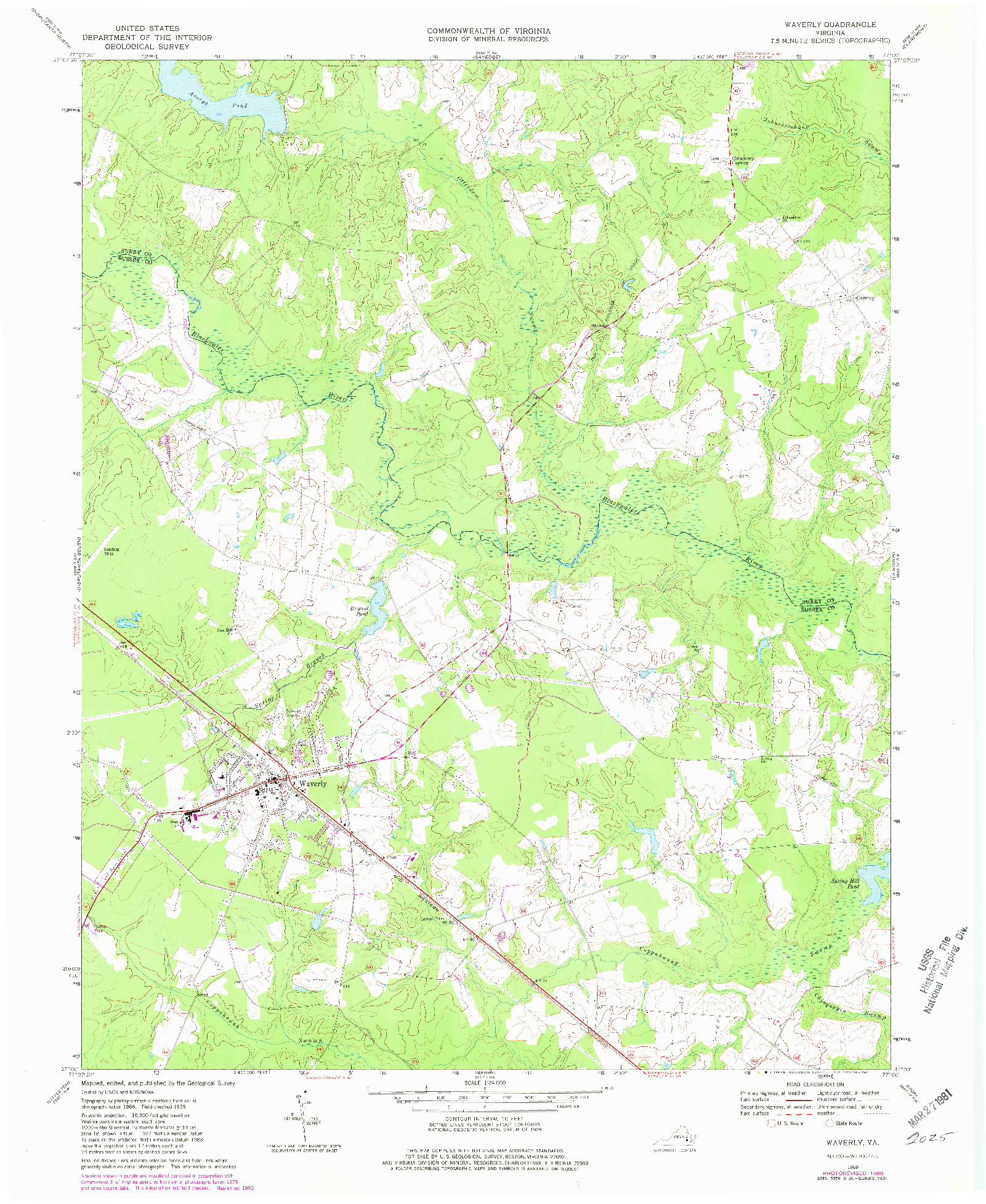 USGS 1:24000-SCALE QUADRANGLE FOR WAVERLY, VA 1969