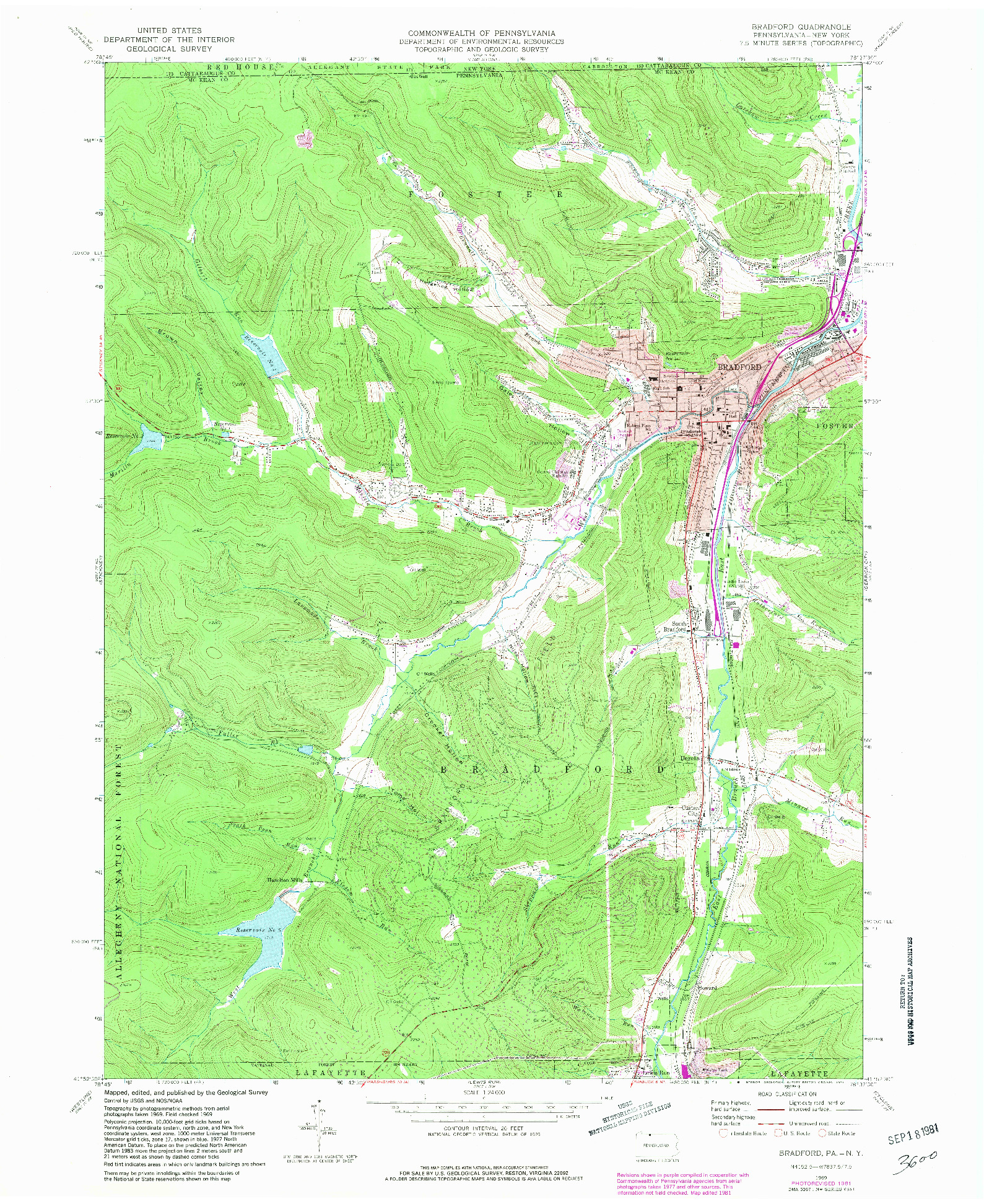 USGS 1:24000-SCALE QUADRANGLE FOR BRADFORD, PA 1969