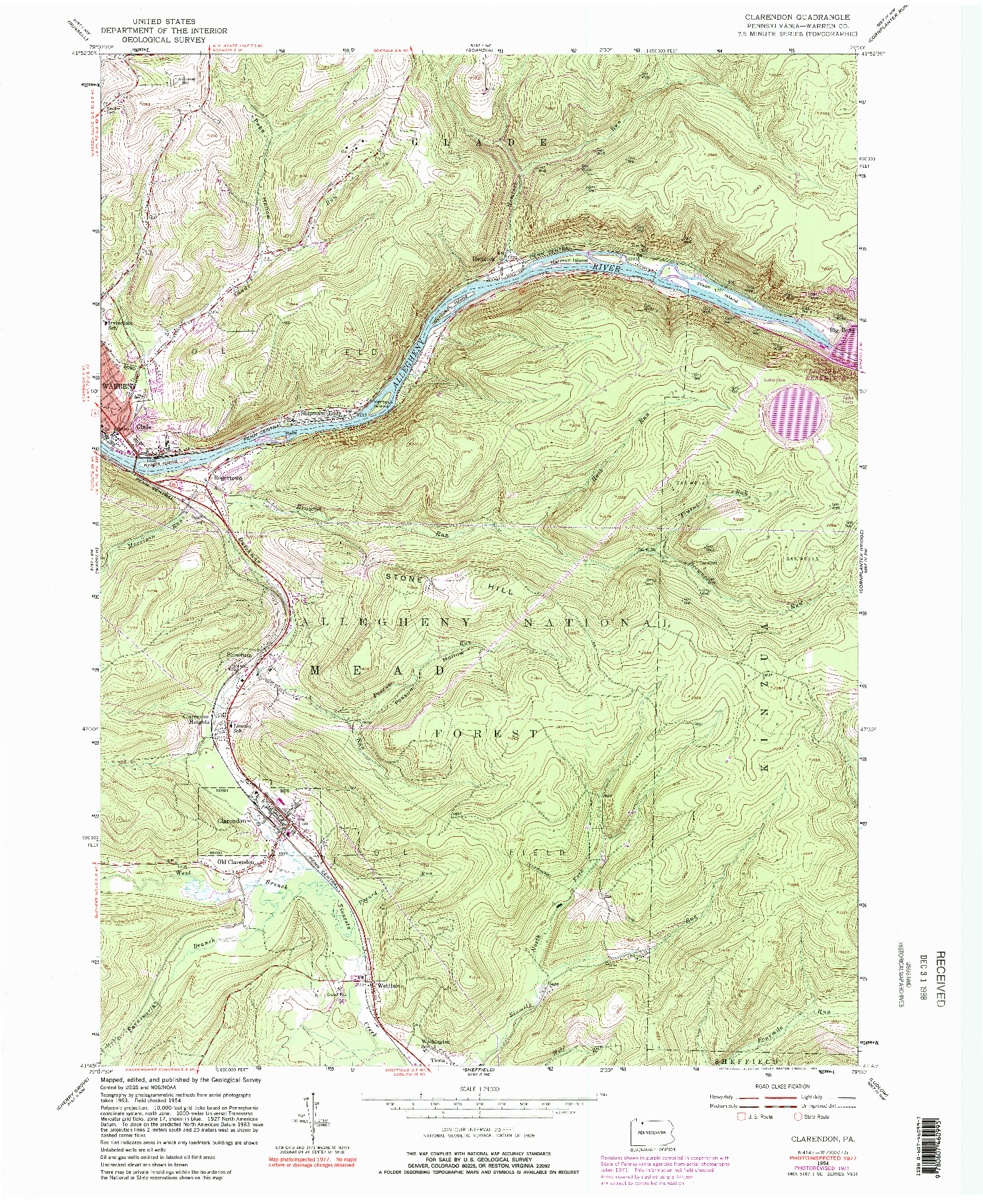 USGS 1:24000-SCALE QUADRANGLE FOR CLARENDON, PA 1954