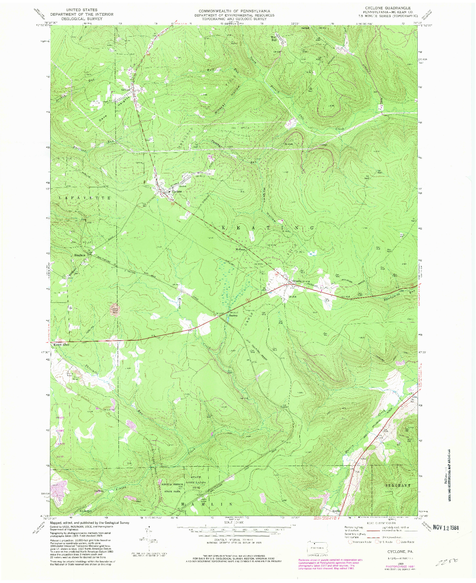 USGS 1:24000-SCALE QUADRANGLE FOR CYCLONE, PA 1969