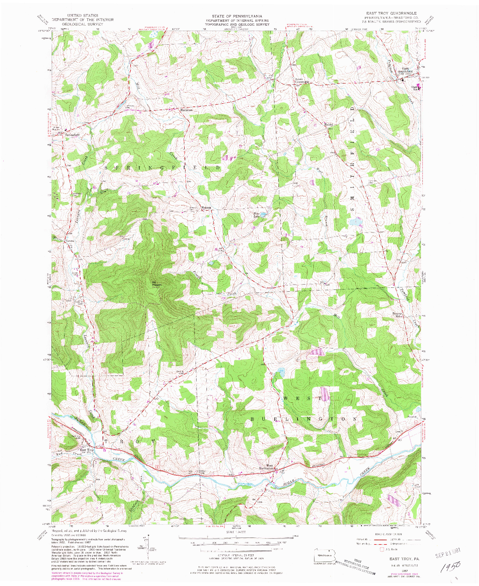 USGS 1:24000-SCALE QUADRANGLE FOR EAST TROY, PA 1957