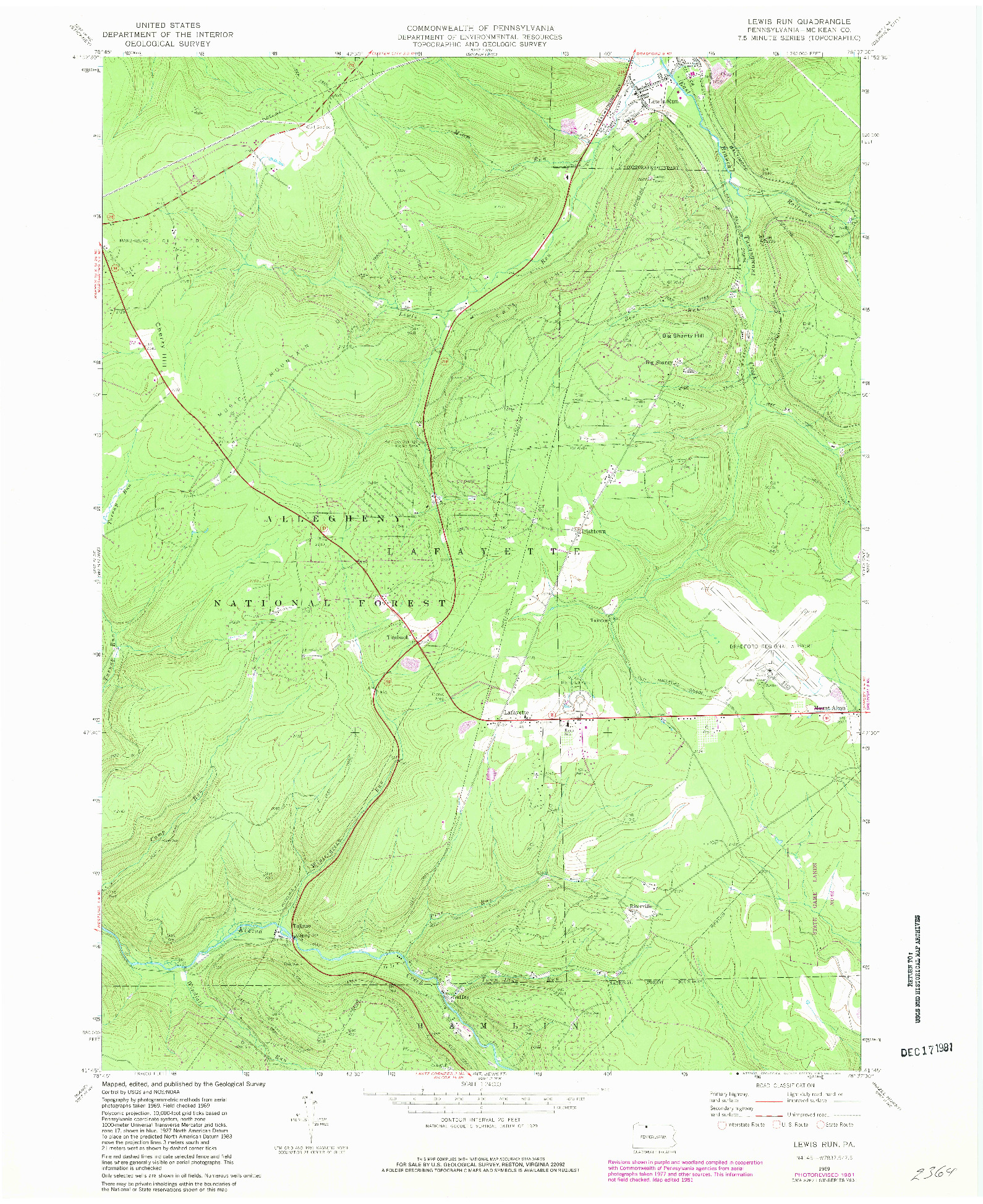 USGS 1:24000-SCALE QUADRANGLE FOR LEWIS RUN, PA 1969