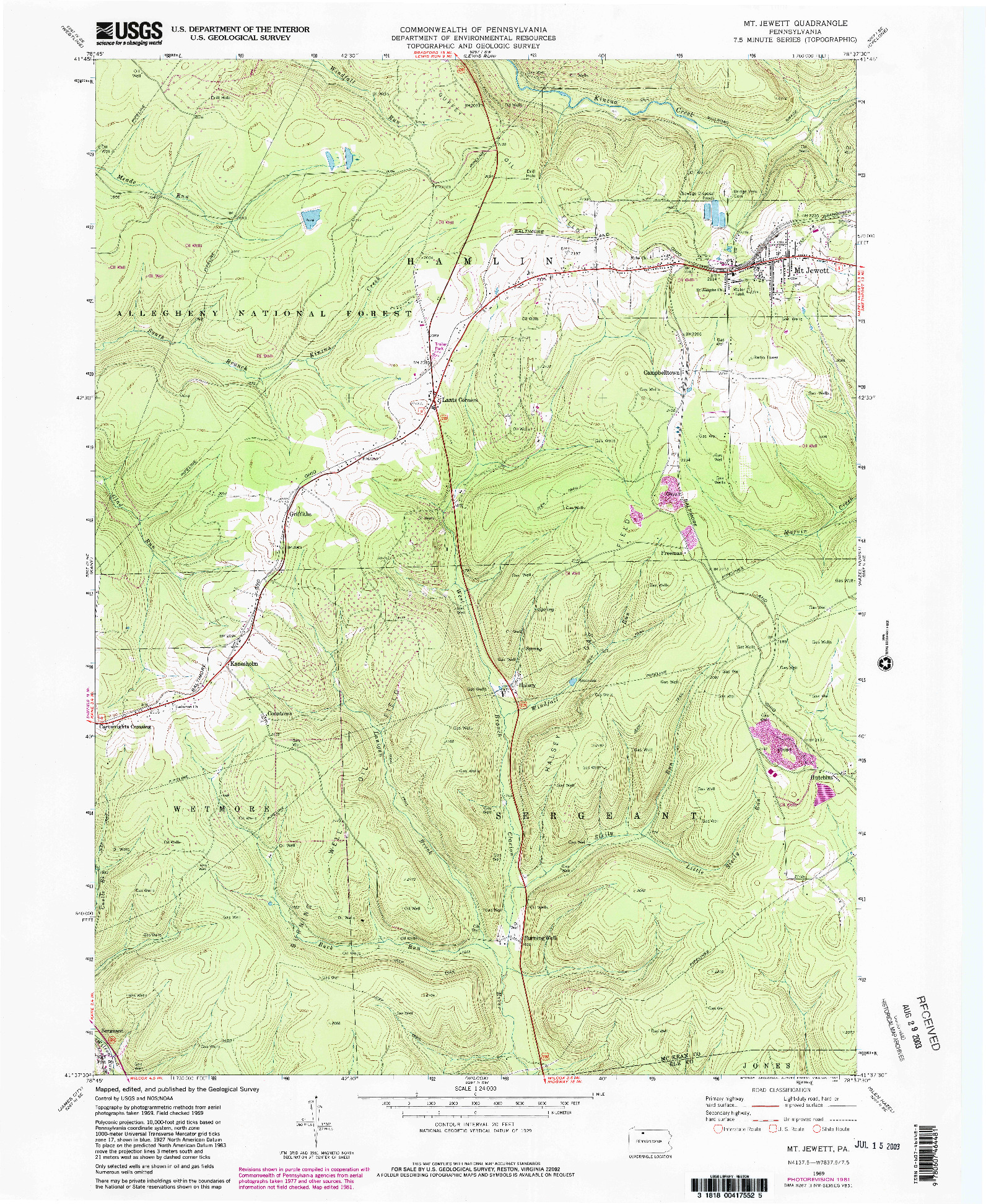 USGS 1:24000-SCALE QUADRANGLE FOR MT JEWETT, PA 1969