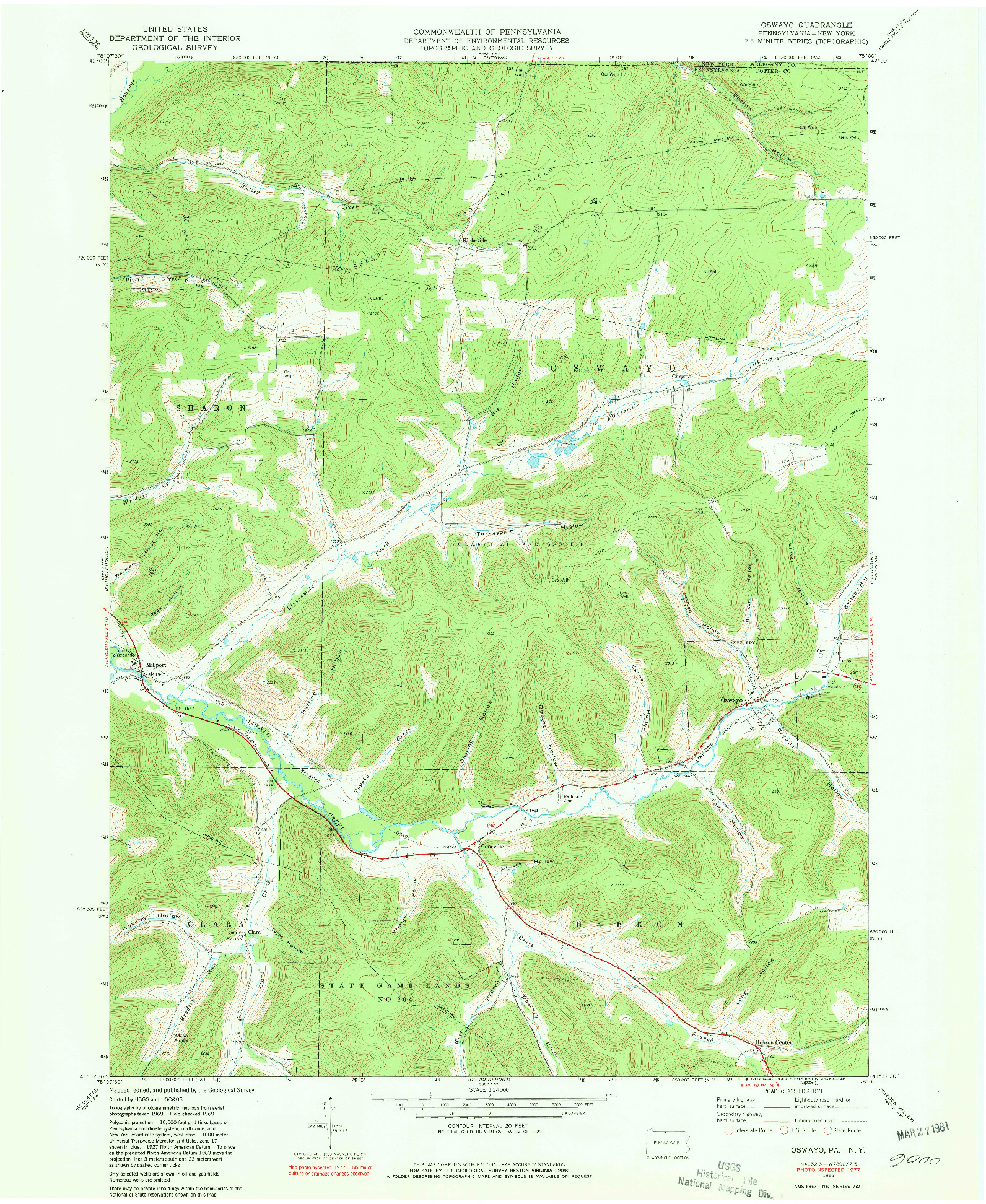 USGS 1:24000-SCALE QUADRANGLE FOR OSWAYO, PA 1969