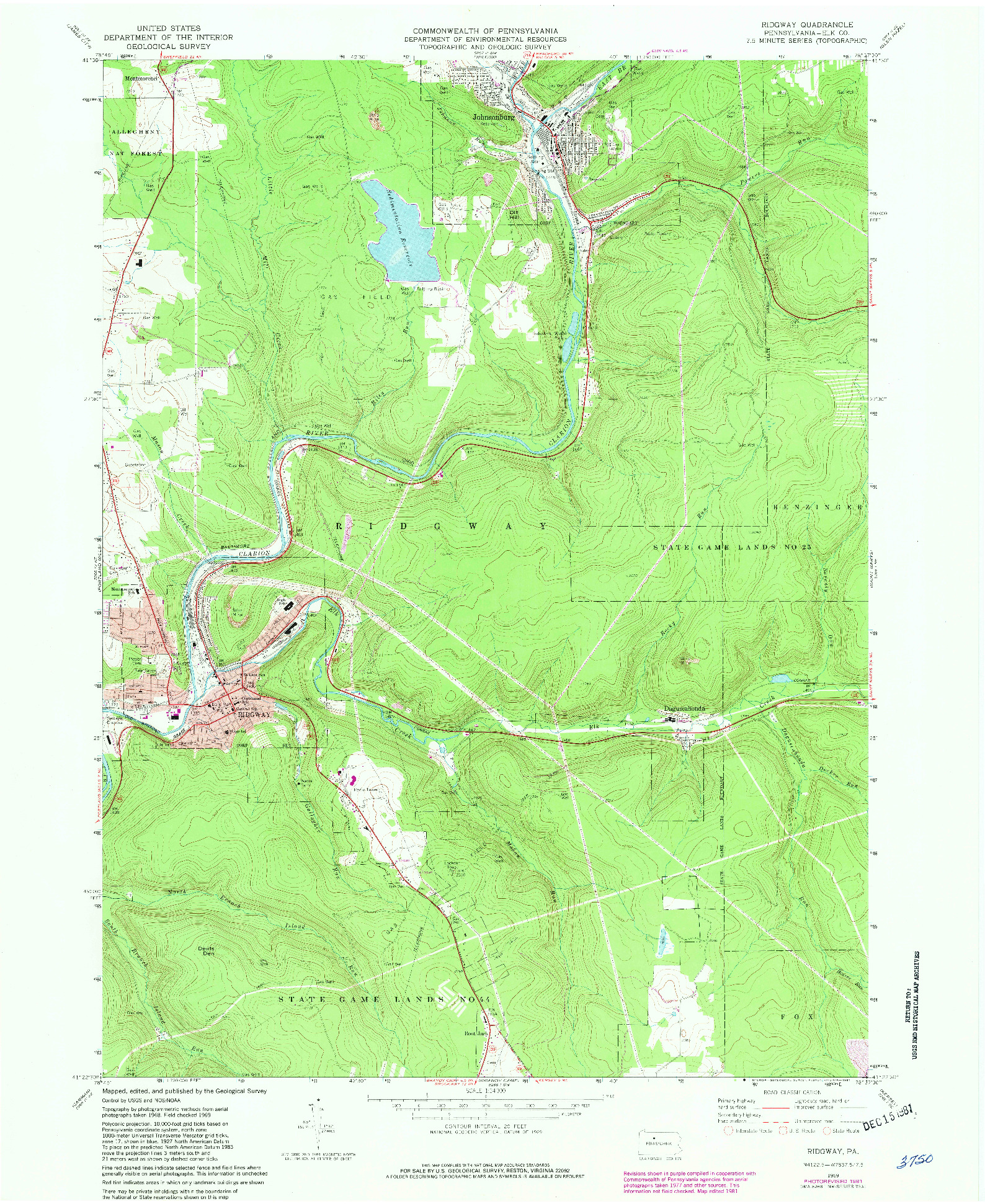 USGS 1:24000-SCALE QUADRANGLE FOR RIDGWAY, PA 1969