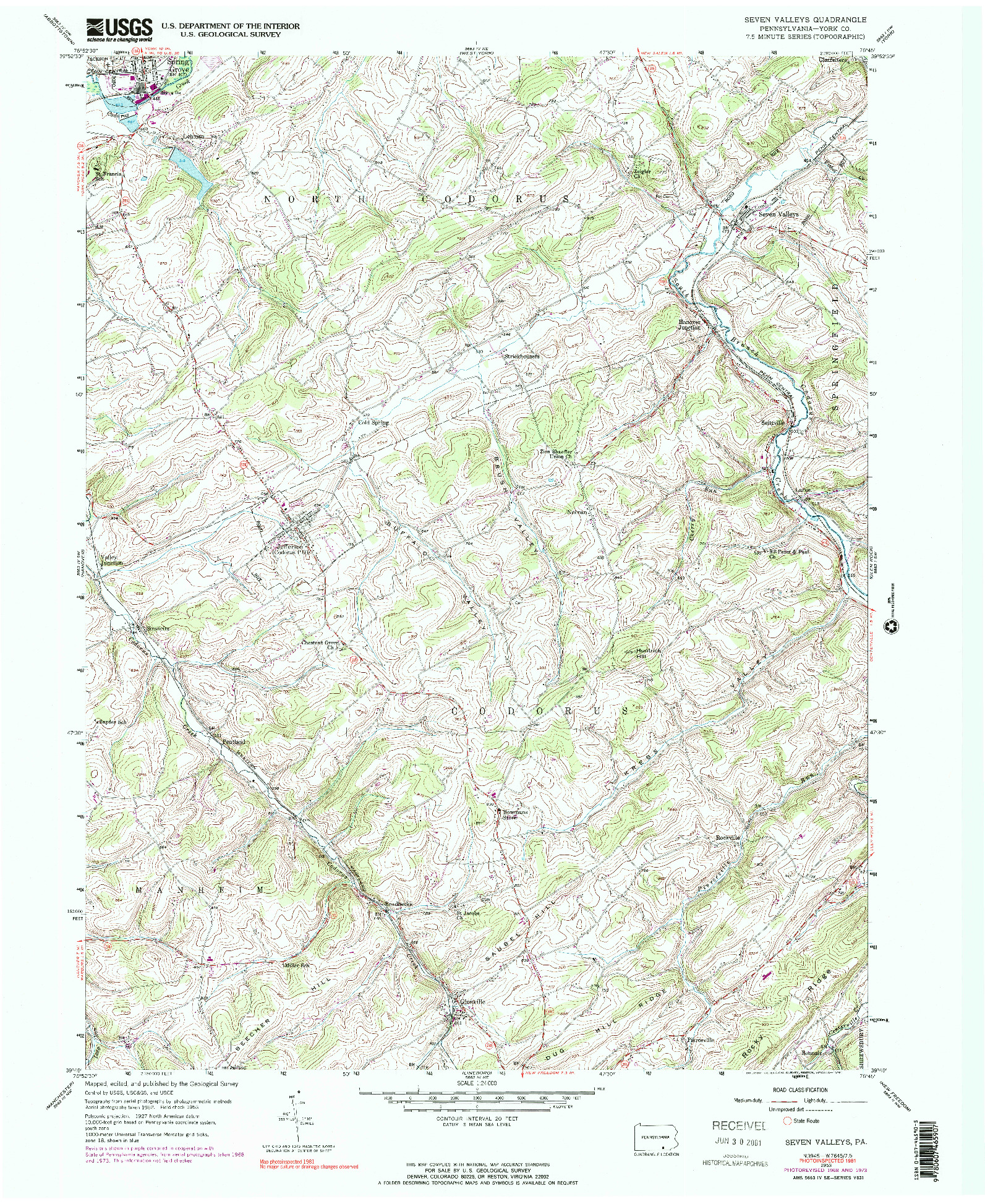 USGS 1:24000-SCALE QUADRANGLE FOR SEVEN VALLEYS, PA 1953