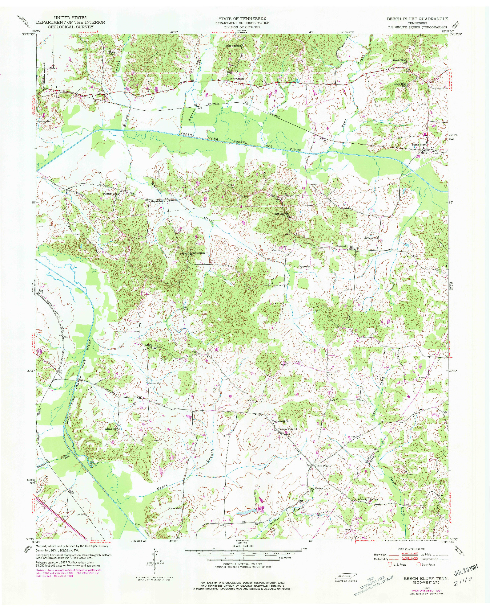 USGS 1:24000-SCALE QUADRANGLE FOR BEECH BLUFF, TN 1953