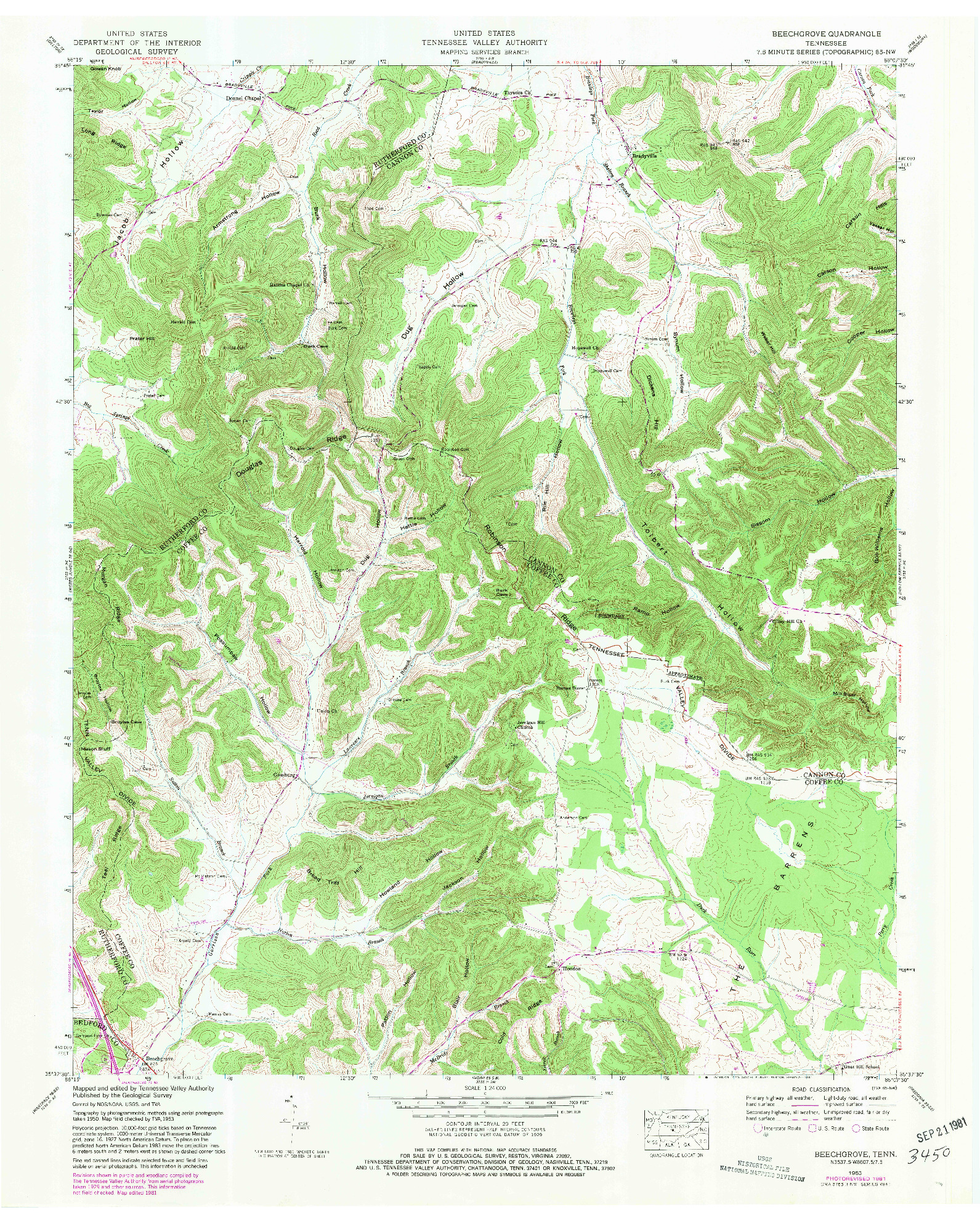 USGS 1:24000-SCALE QUADRANGLE FOR BEECHGROVE, TN 1953