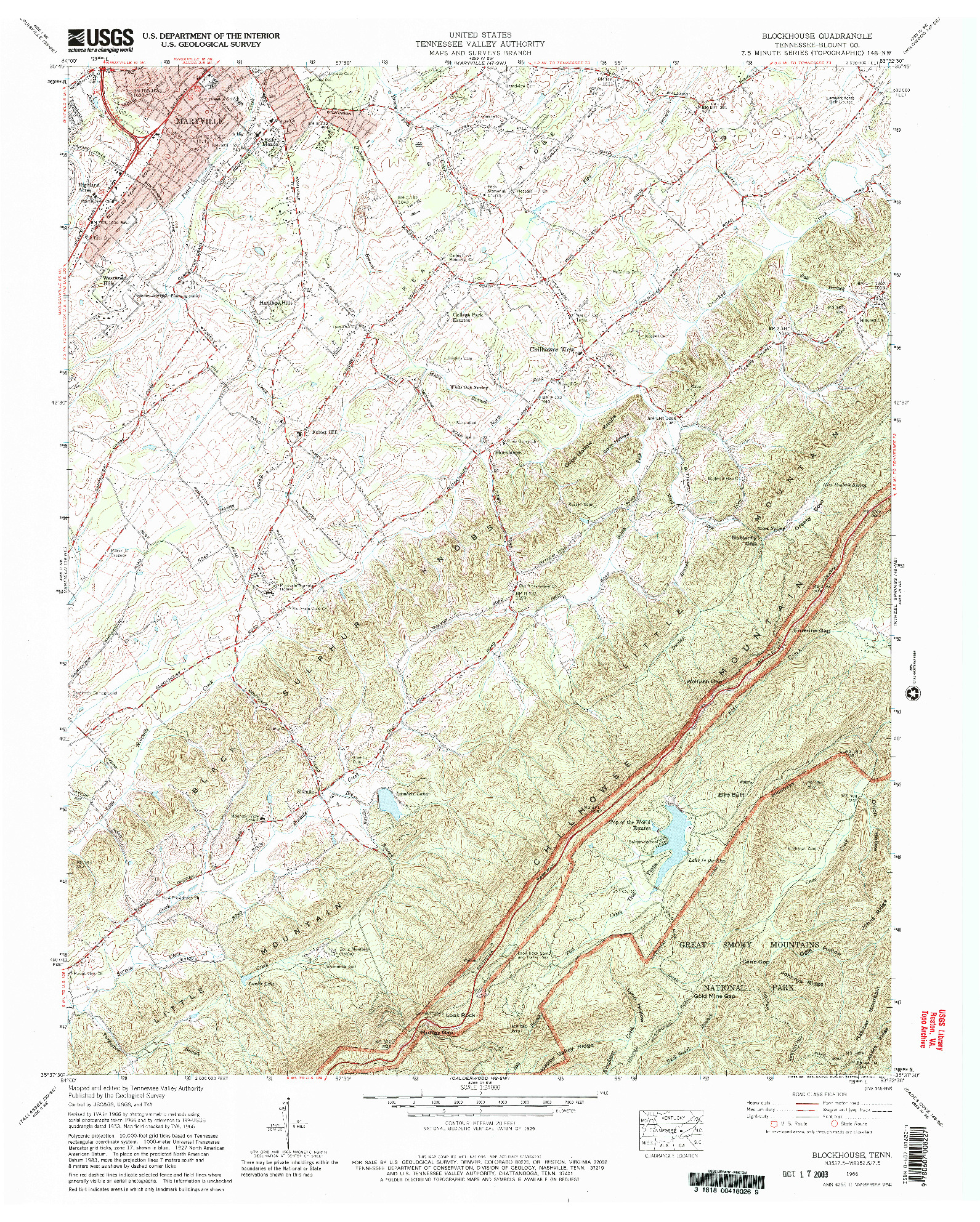 USGS 1:24000-SCALE QUADRANGLE FOR BLOCKHOUSE, TN 1966