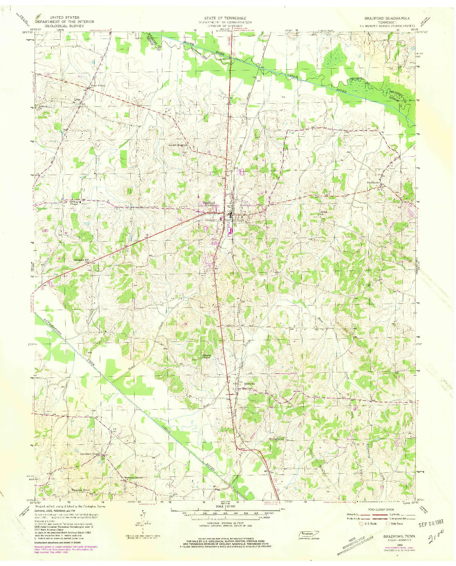 USGS 1:24000-SCALE QUADRANGLE FOR BRADFORD, TN 1954