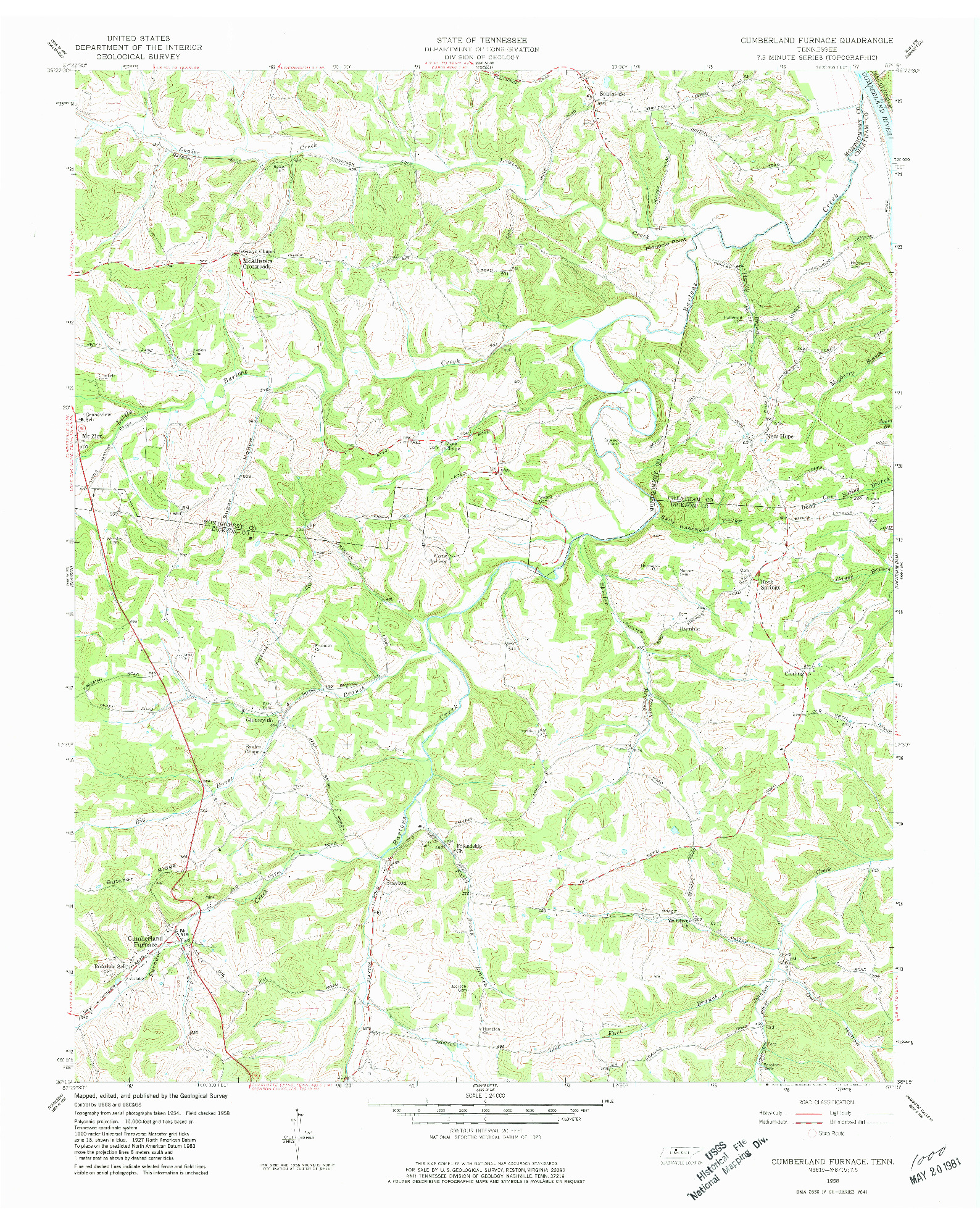 USGS 1:24000-SCALE QUADRANGLE FOR CUMBERLAND FURNACE, TN 1958