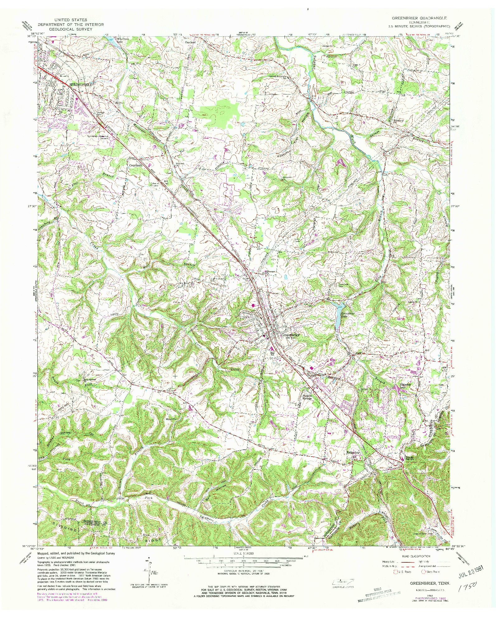 USGS 1:24000-SCALE QUADRANGLE FOR GREENBRIER, TN 1961