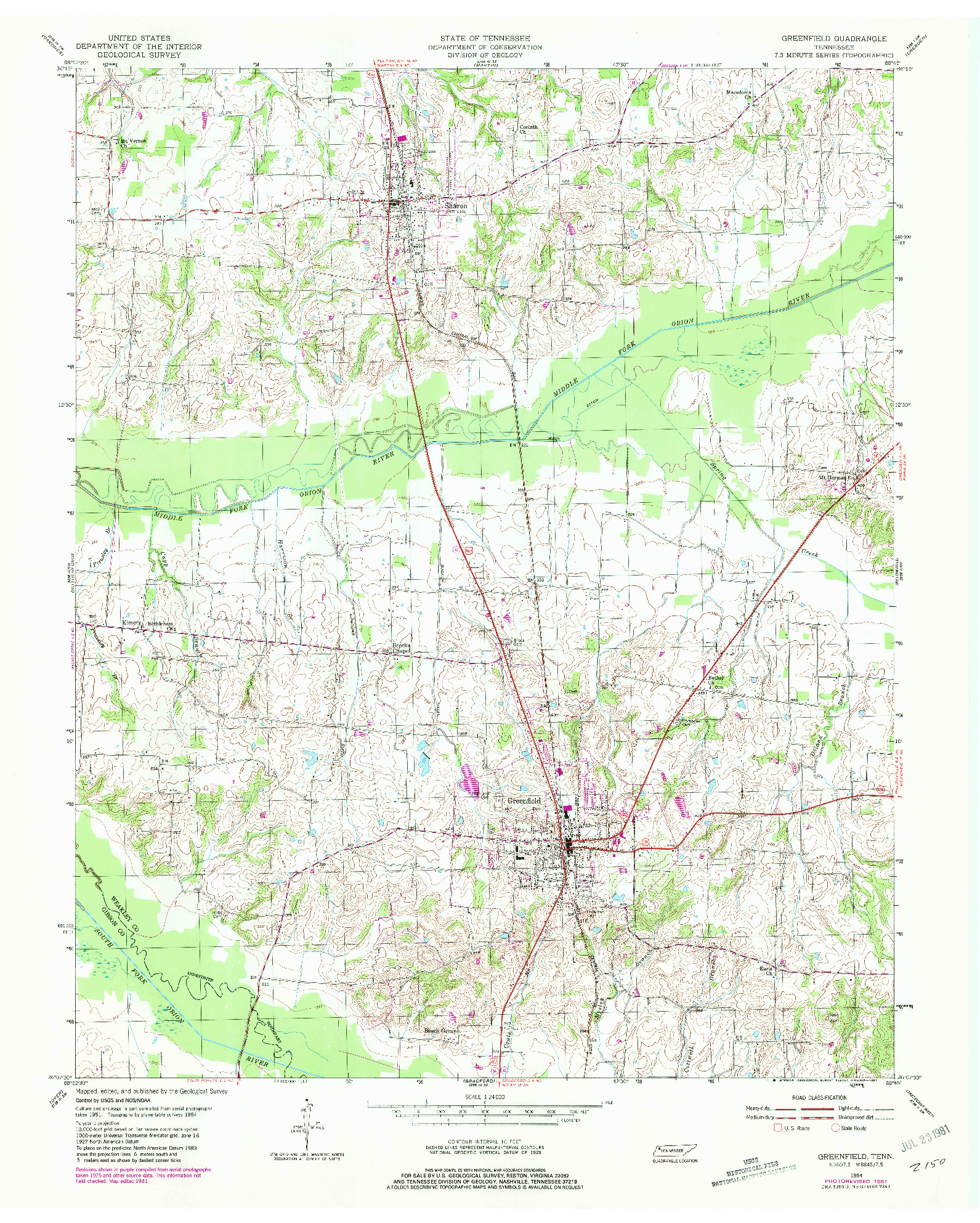 USGS 1:24000-SCALE QUADRANGLE FOR GREENFIELD, TN 1954