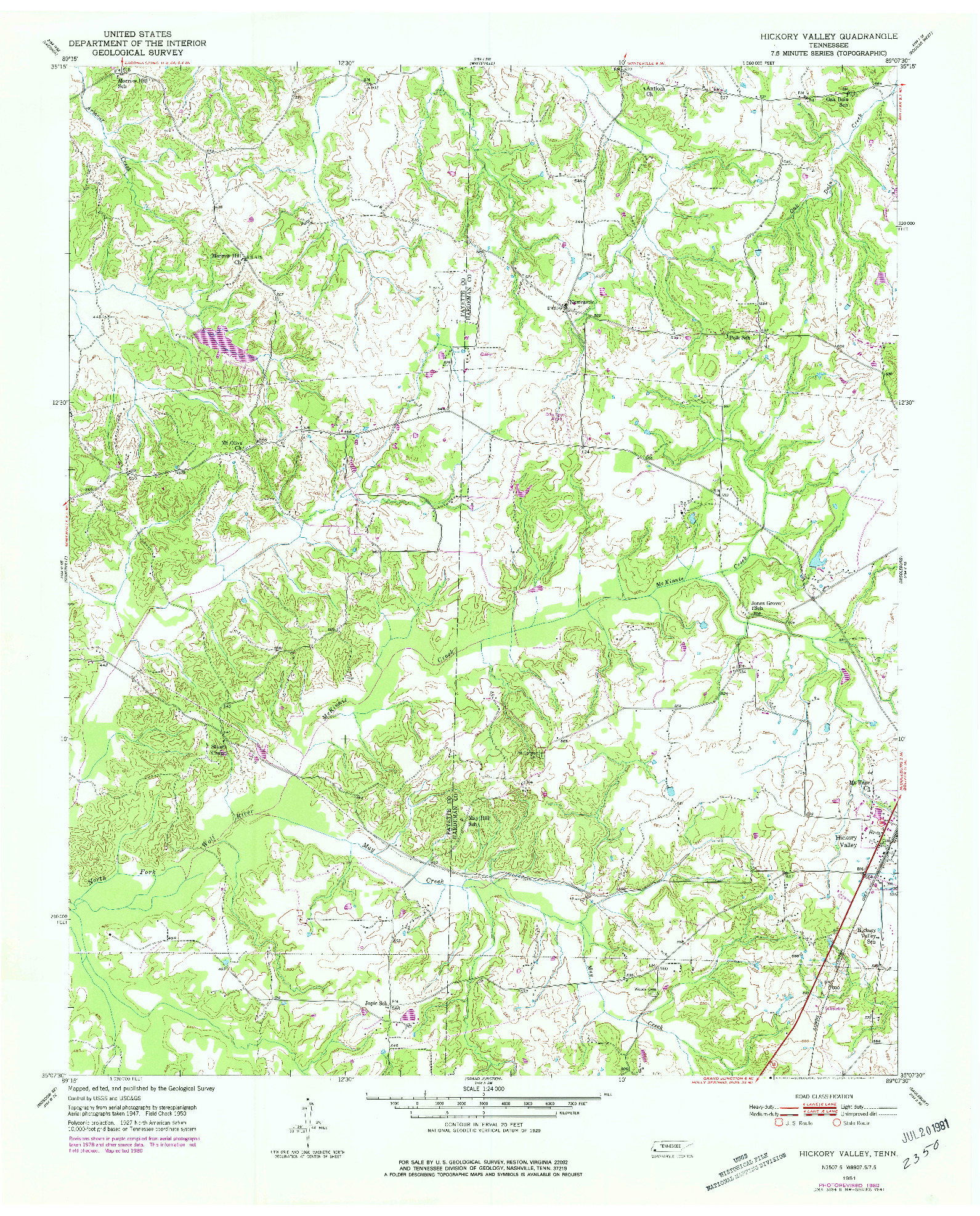USGS 1:24000-SCALE QUADRANGLE FOR HICKORY VALLEY, TN 1951