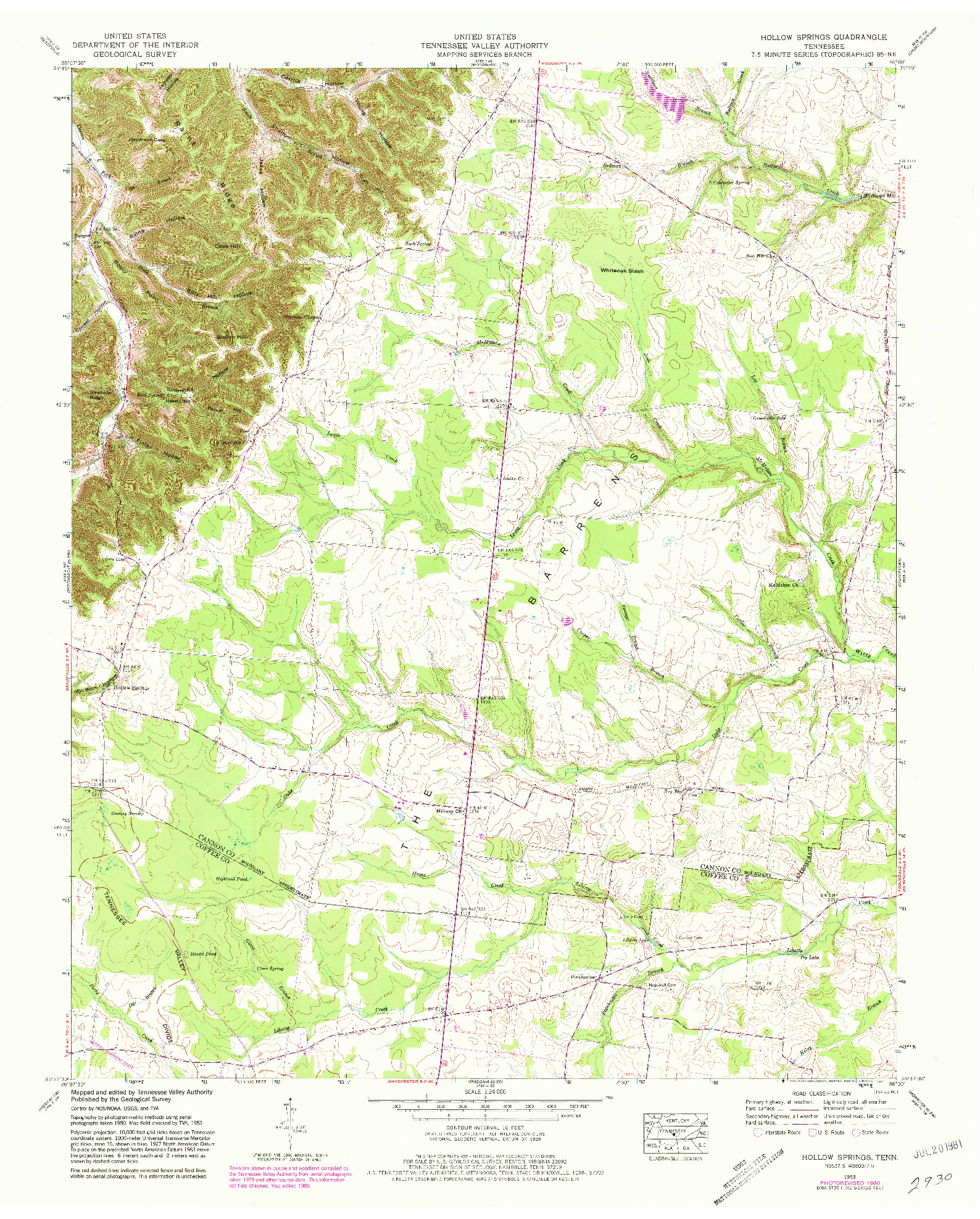 USGS 1:24000-SCALE QUADRANGLE FOR HOLLOW SPRINGS, TN 1953