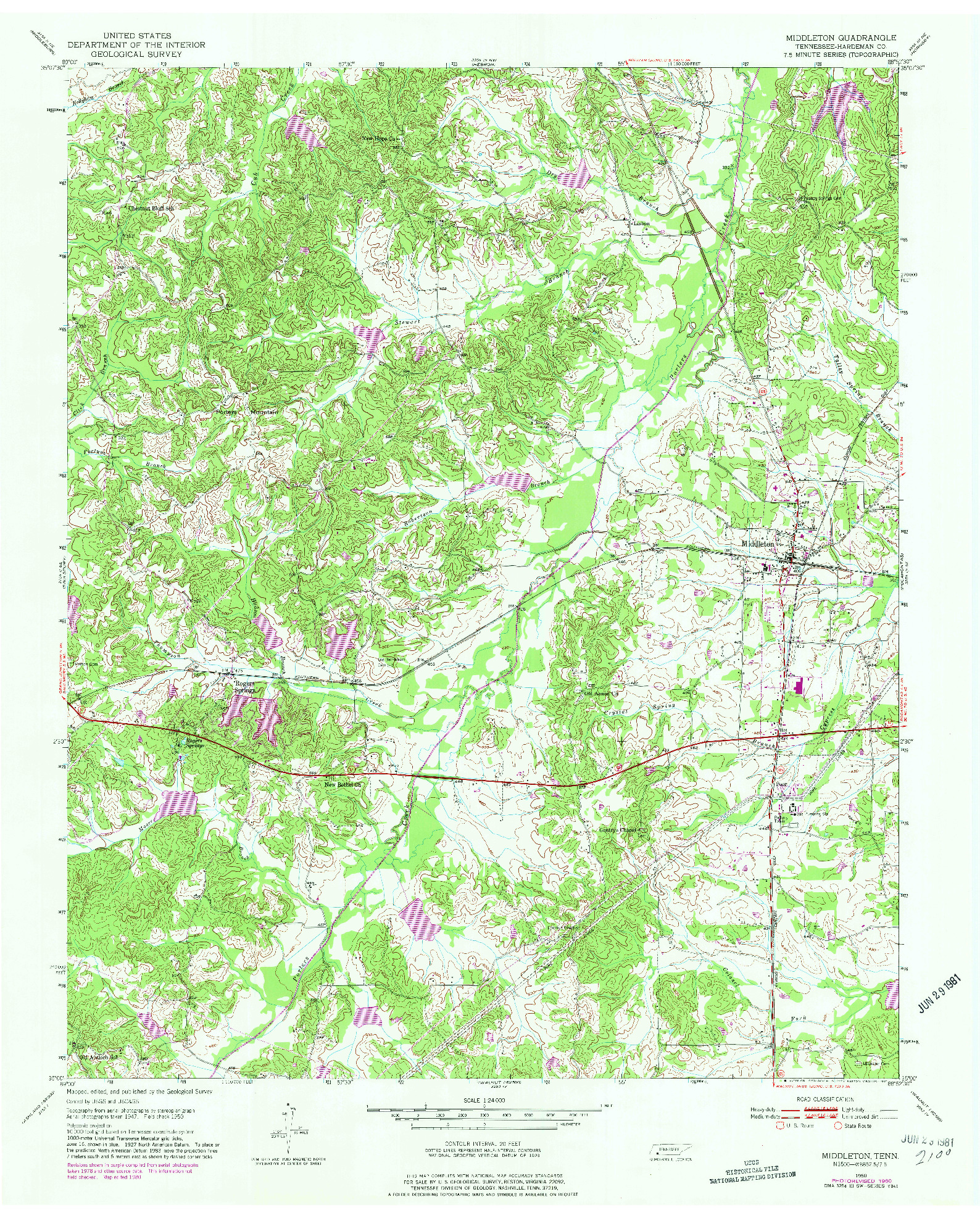 USGS 1:24000-SCALE QUADRANGLE FOR MIDDLETON, TN 1950