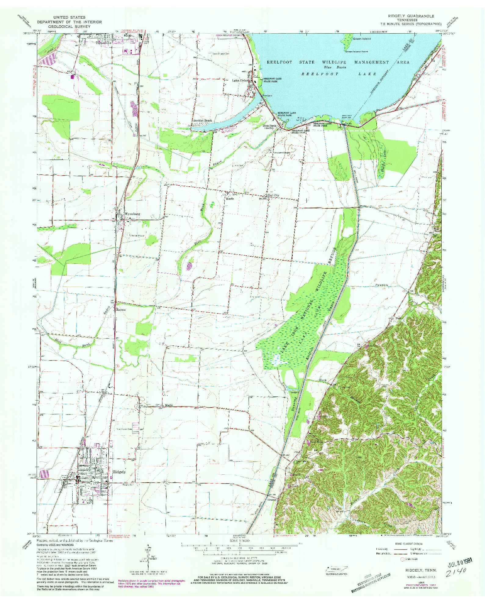 USGS 1:24000-SCALE QUADRANGLE FOR RIDGELY, TN 1964