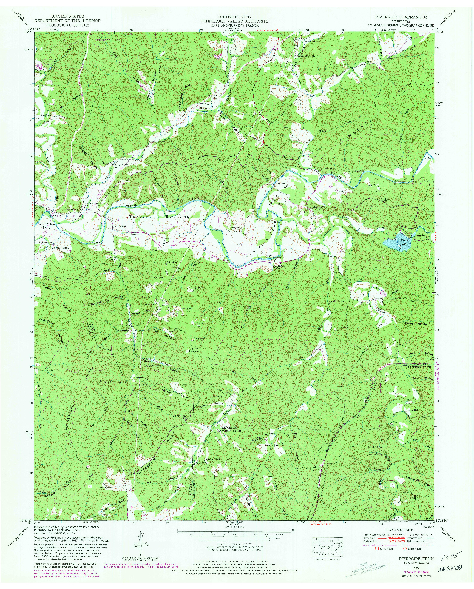 USGS 1:24000-SCALE QUADRANGLE FOR RIVERSIDE, TN 1951