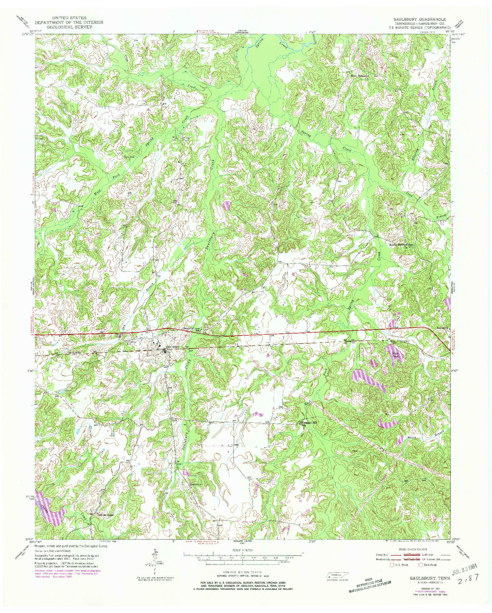 USGS 1:24000-SCALE QUADRANGLE FOR SAULSBURY, TN 1952