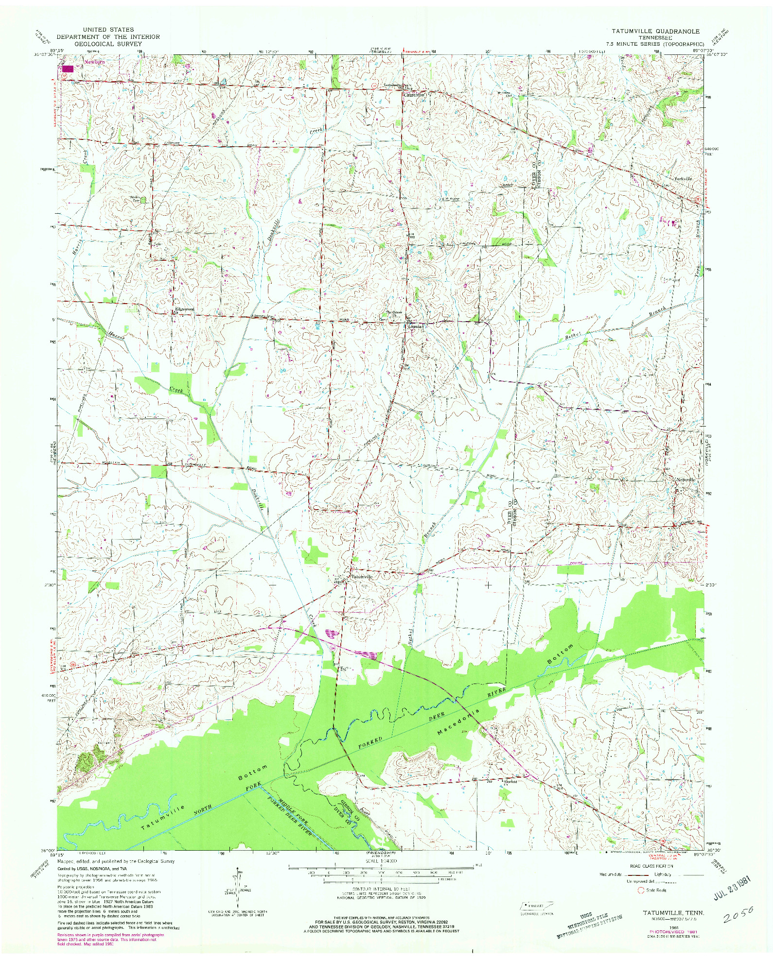 USGS 1:24000-SCALE QUADRANGLE FOR TATUMVILLE, TN 1965