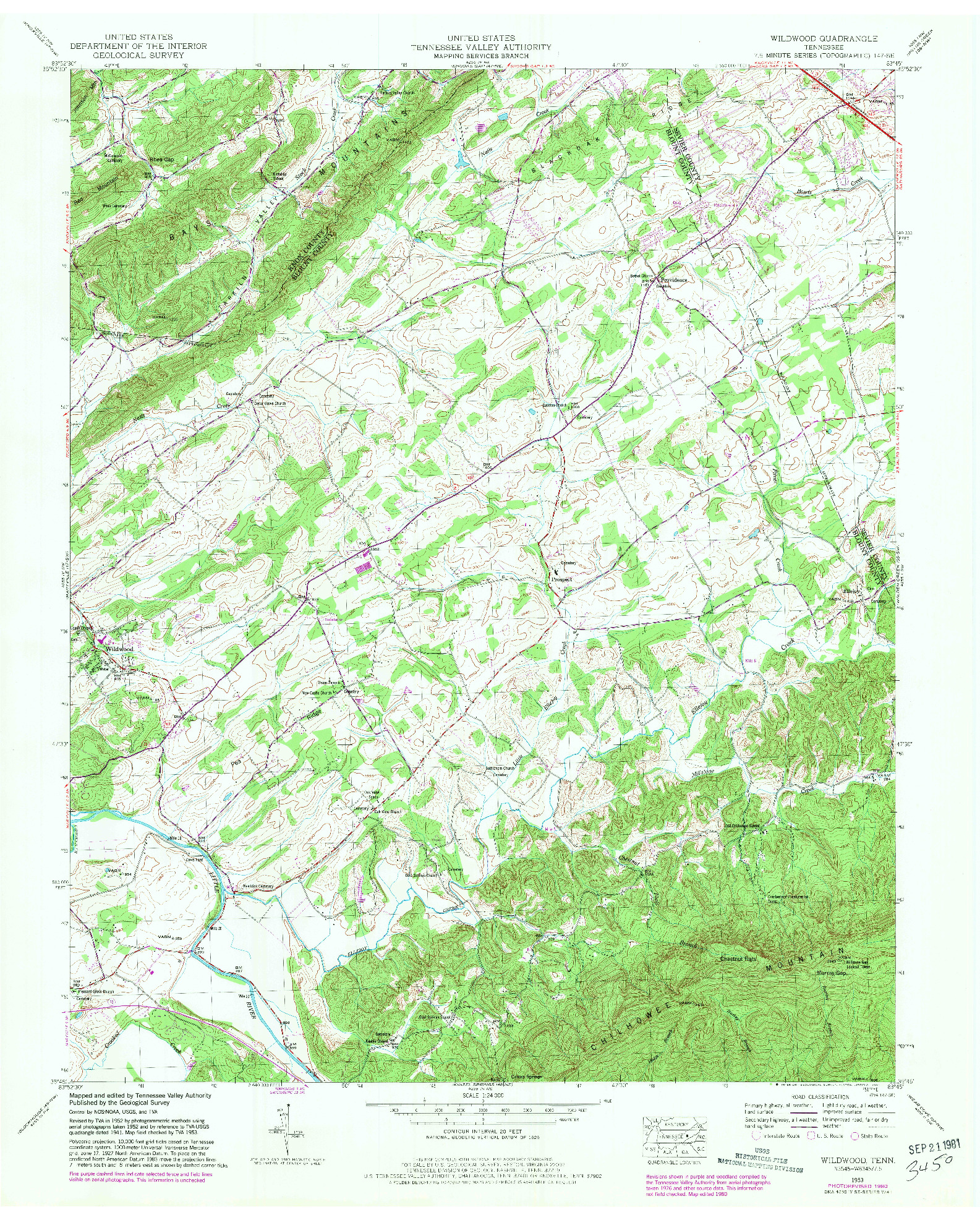 USGS 1:24000-SCALE QUADRANGLE FOR WILDWOOD, TN 1953