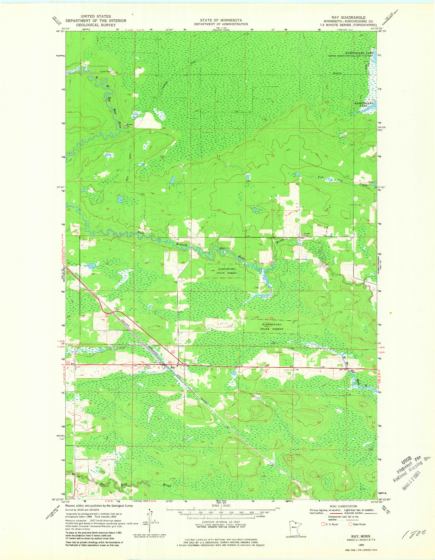 USGS 1:24000-SCALE QUADRANGLE FOR RAY, MN 1969