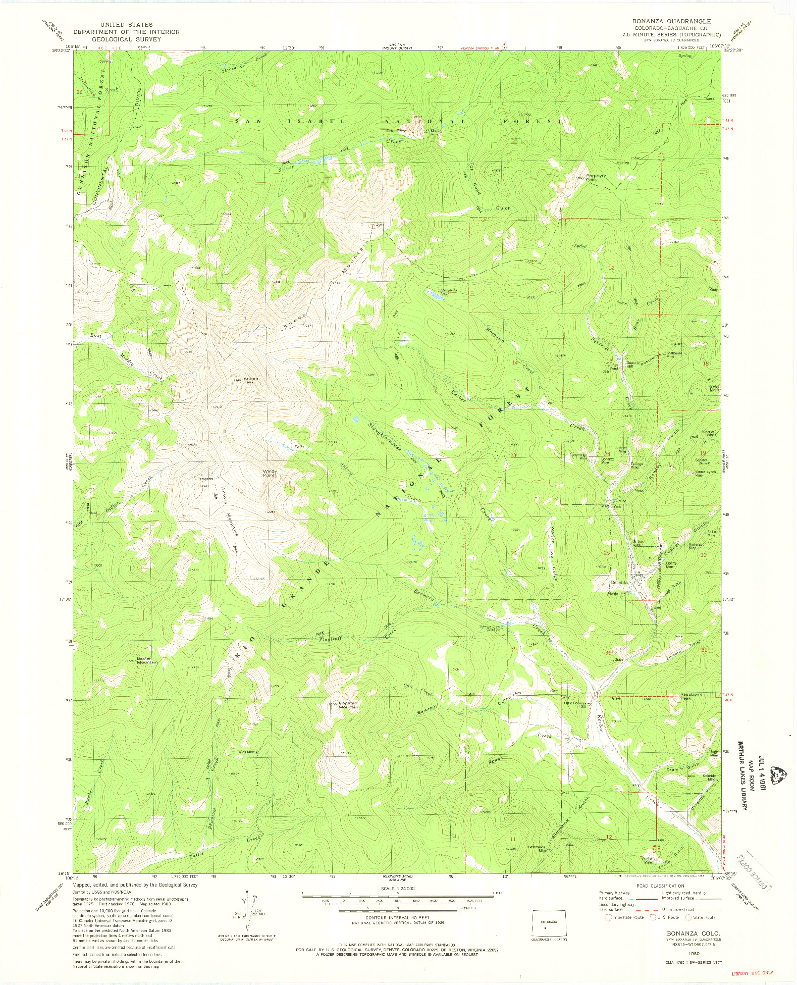 USGS 1:24000-SCALE QUADRANGLE FOR BONANZA, CO 1980