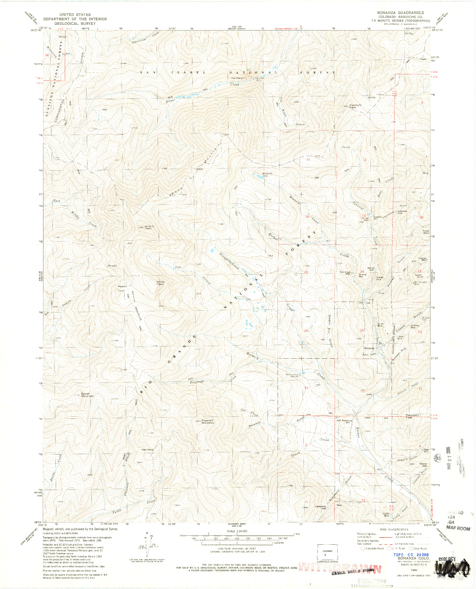 USGS 1:24000-SCALE QUADRANGLE FOR BONANZA, CO 1980