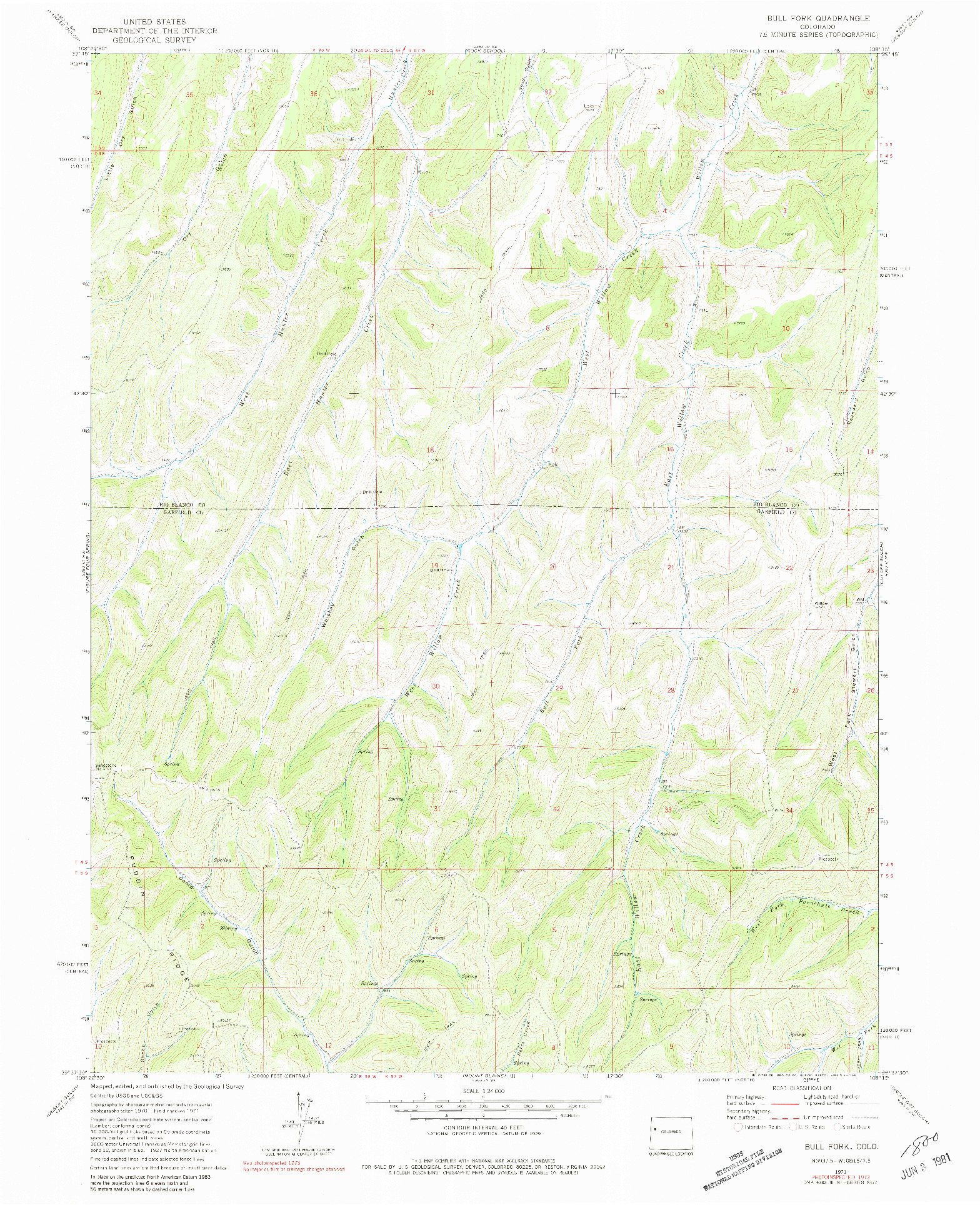 USGS 1:24000-SCALE QUADRANGLE FOR BULL FORK, CO 1971