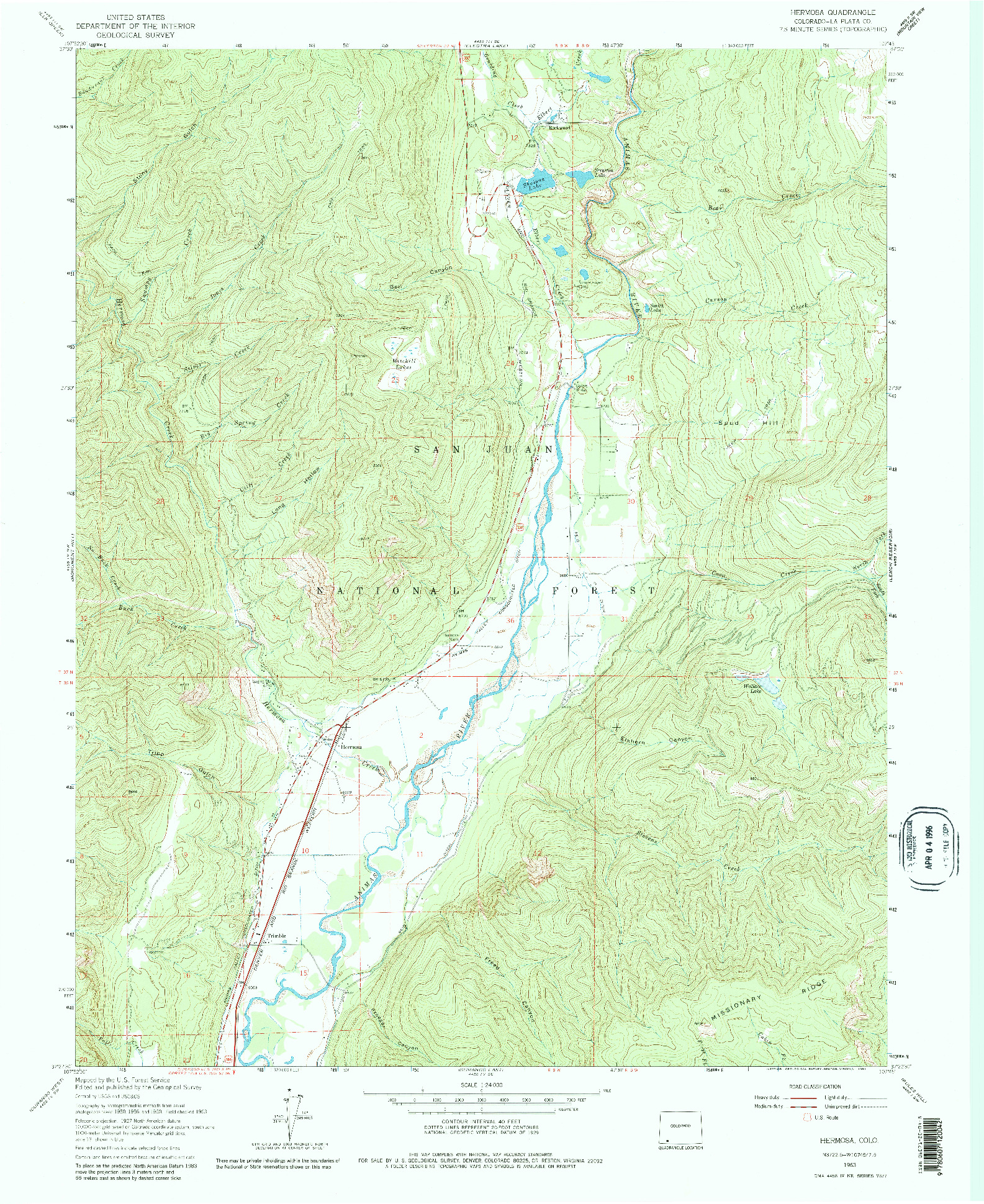 USGS 1:24000-SCALE QUADRANGLE FOR HERMOSA, CO 1963