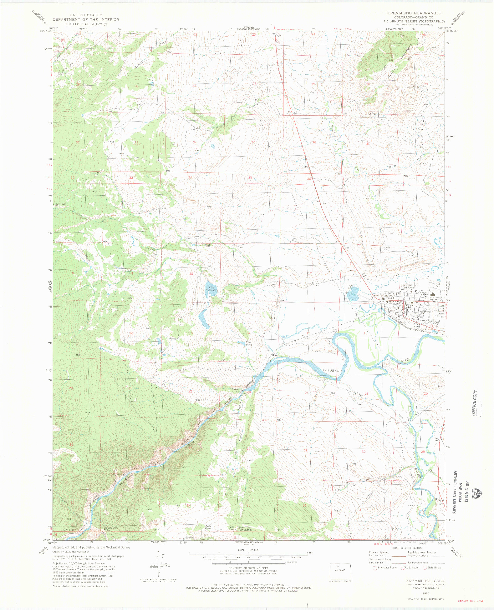 USGS 1:24000-SCALE QUADRANGLE FOR KREMMLING, CO 1981