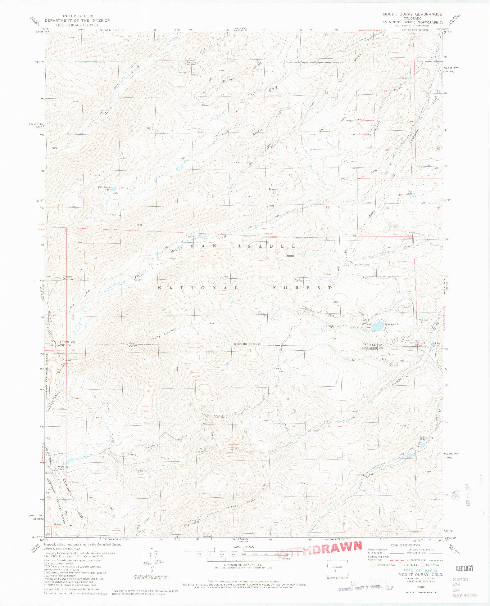 USGS 1:24000-SCALE QUADRANGLE FOR MOUNT OURAY, CO 1980