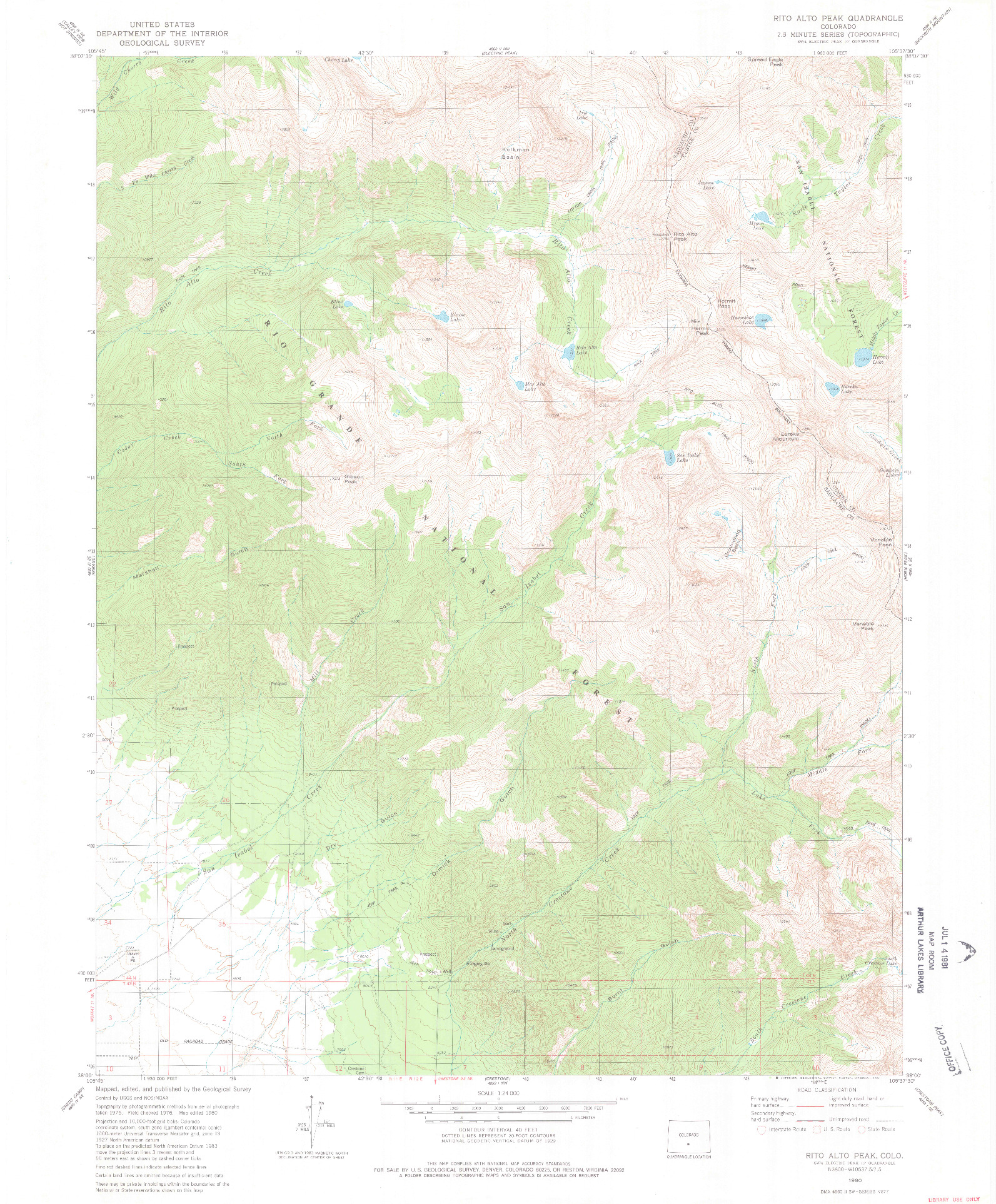 USGS 1:24000-SCALE QUADRANGLE FOR RITO ALTO PEAK, CO 1980