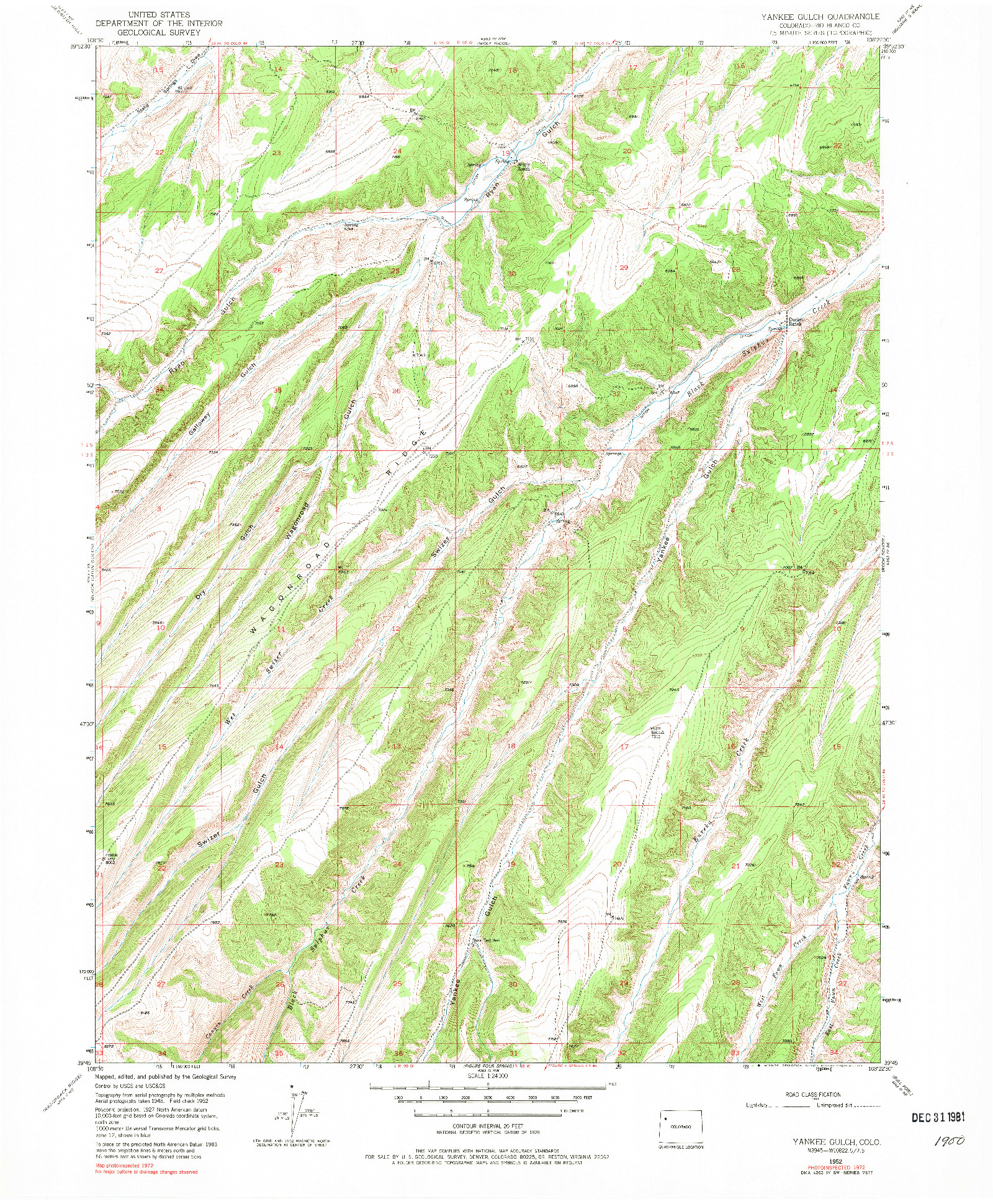 USGS 1:24000-SCALE QUADRANGLE FOR YANKEE GULCH, CO 1952