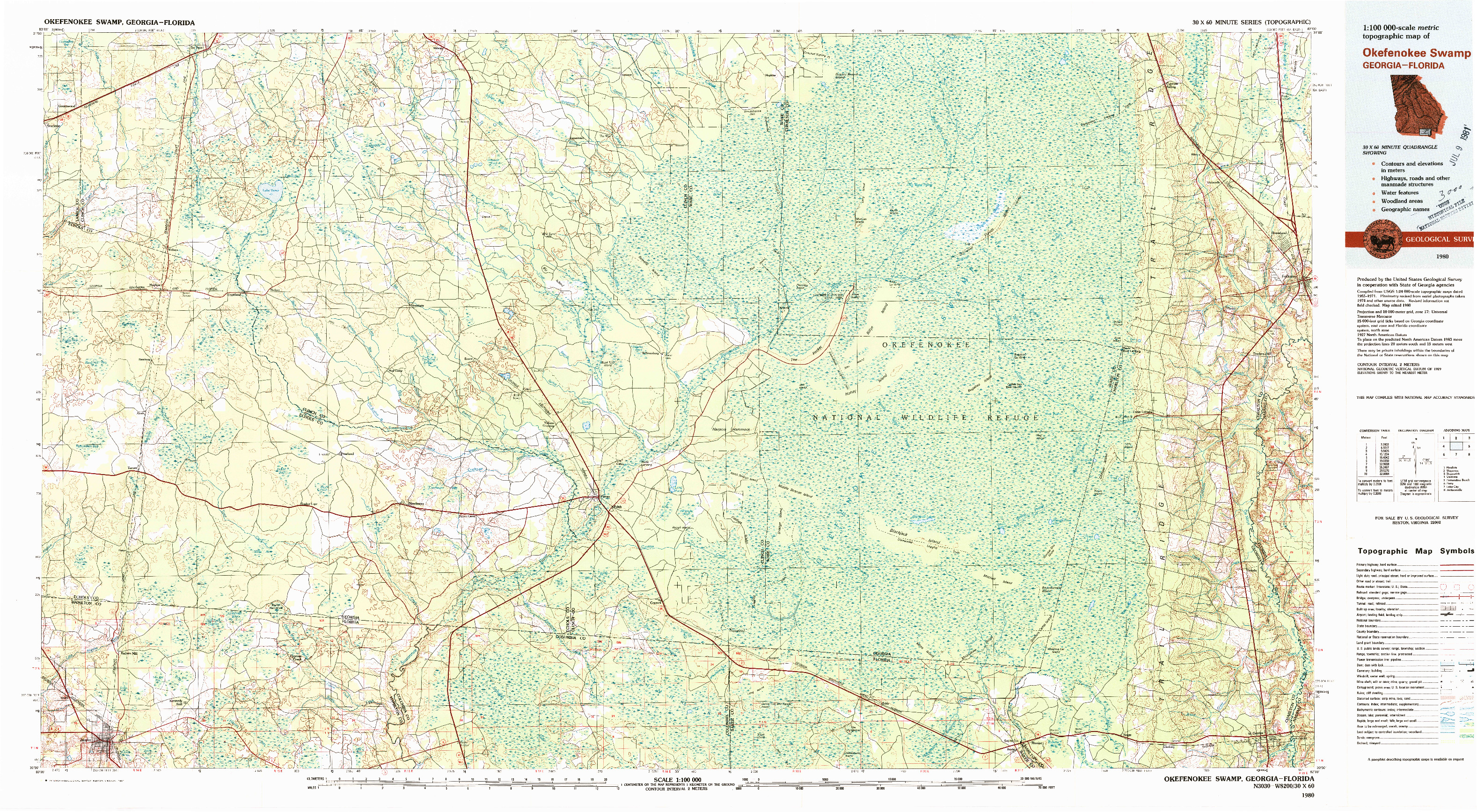USGS 1:100000-SCALE QUADRANGLE FOR OKEFENOKEE SWAMP, GA 1980