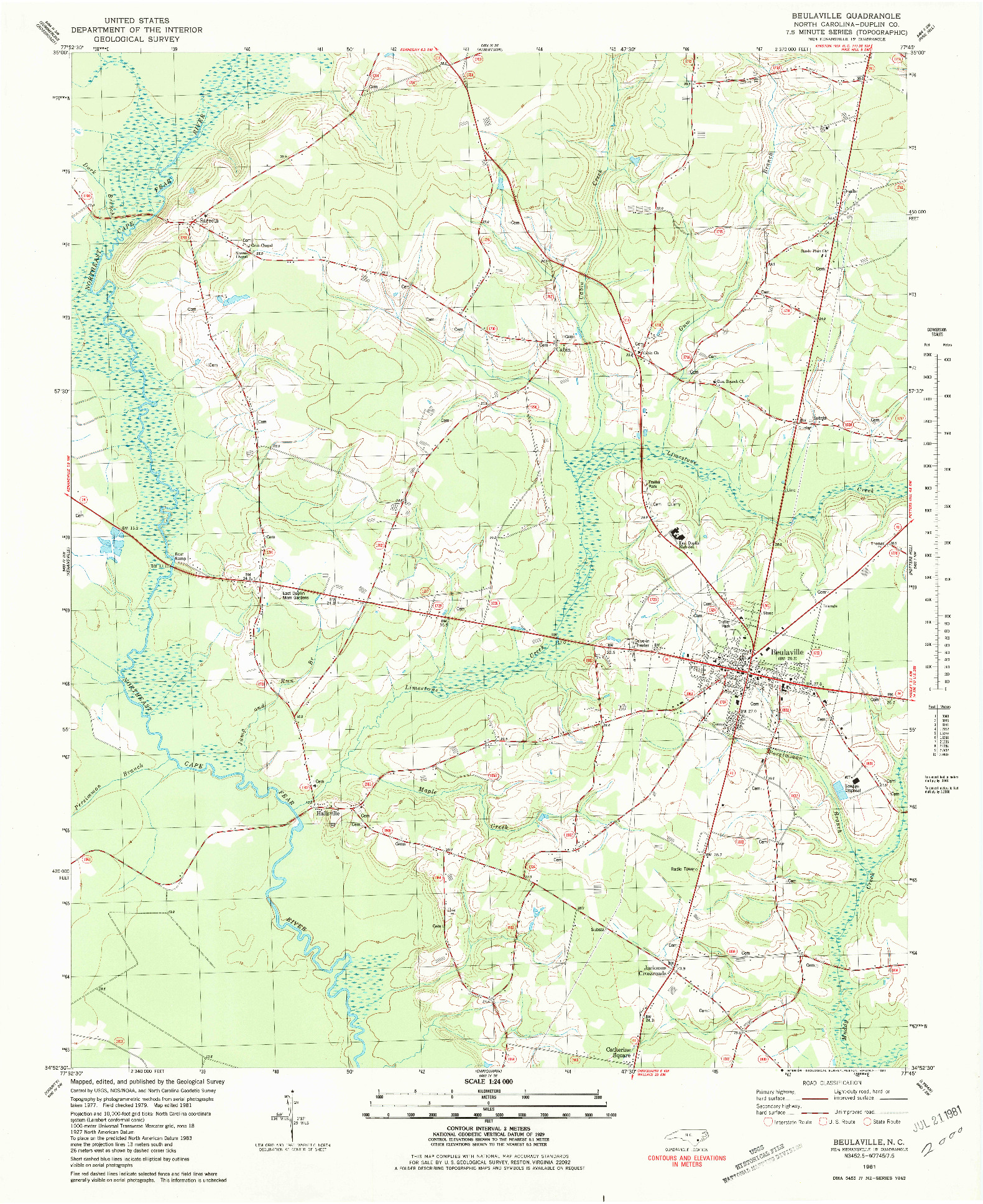 USGS 1:24000-SCALE QUADRANGLE FOR BEULAVILLE, NC 1981