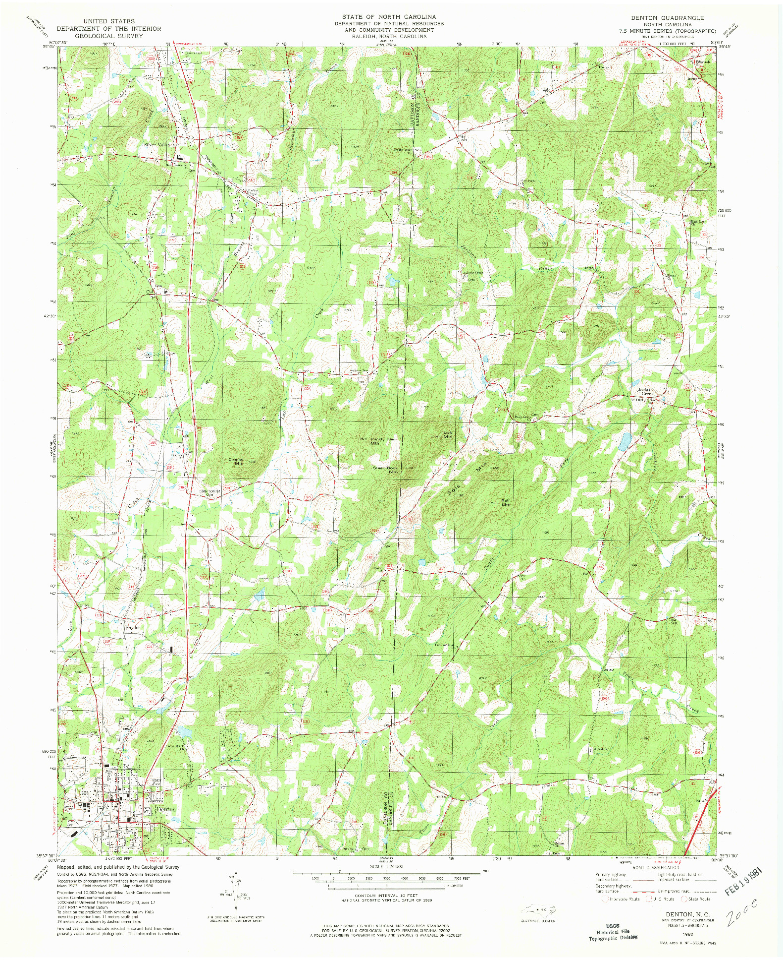 USGS 1:24000-SCALE QUADRANGLE FOR DENTON, NC 1980