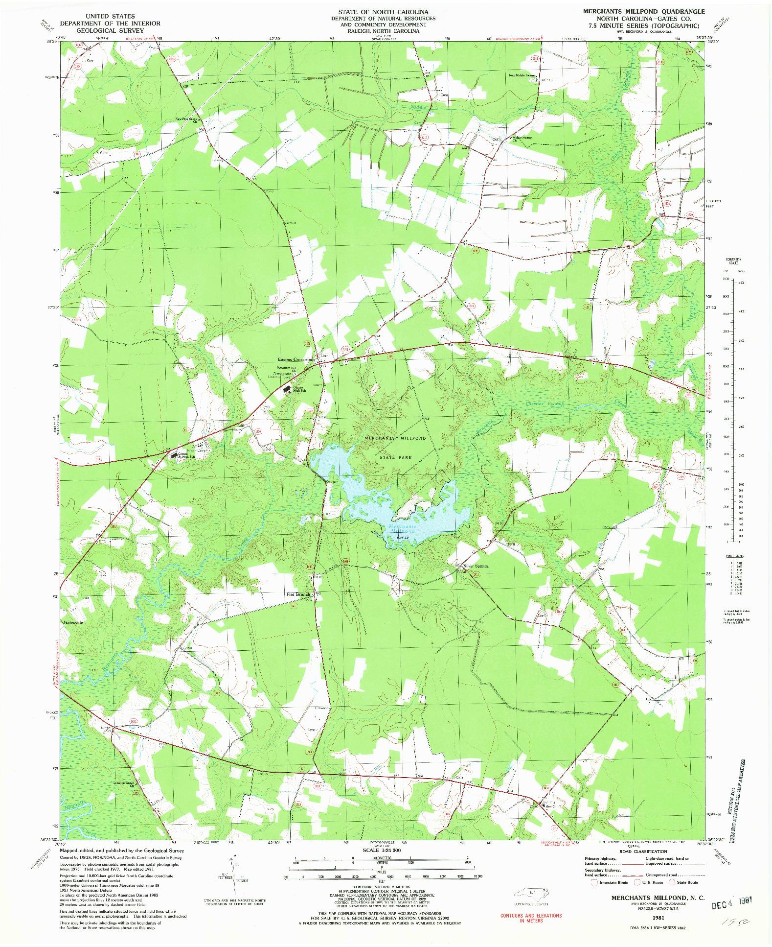 USGS 1:24000-SCALE QUADRANGLE FOR MERCHANTS MILLPOND, NC 1981