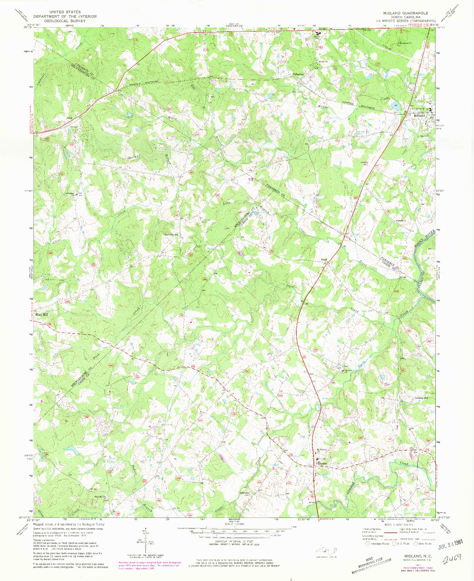 USGS 1:24000-SCALE QUADRANGLE FOR MIDLAND, NC 1971