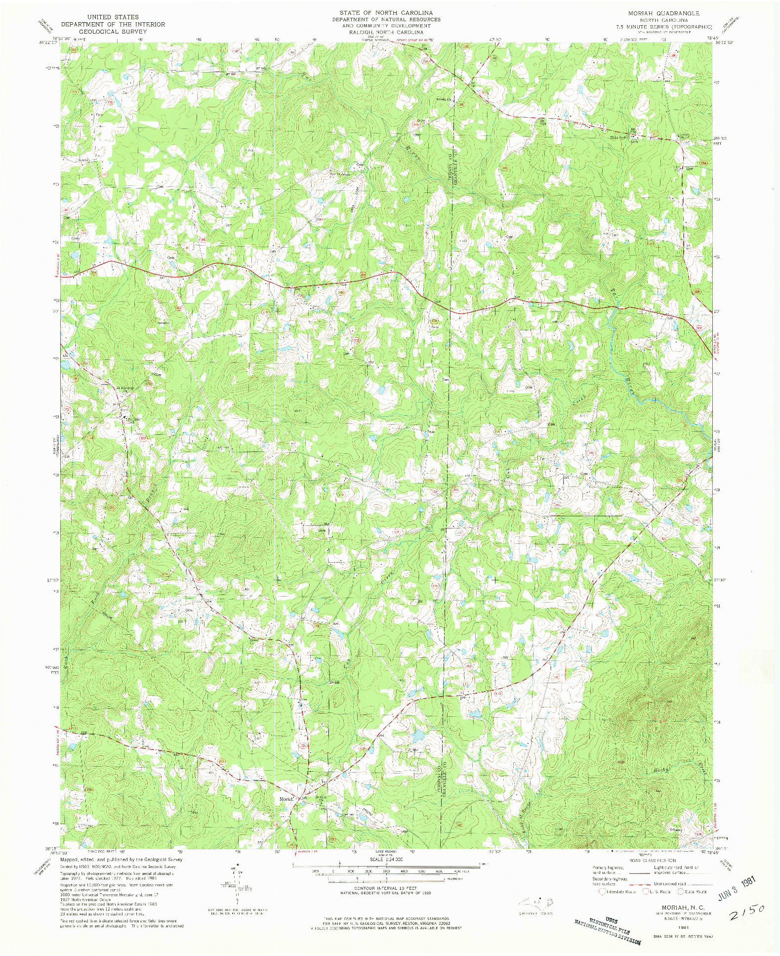 USGS 1:24000-SCALE QUADRANGLE FOR MORIAH, NC 1981