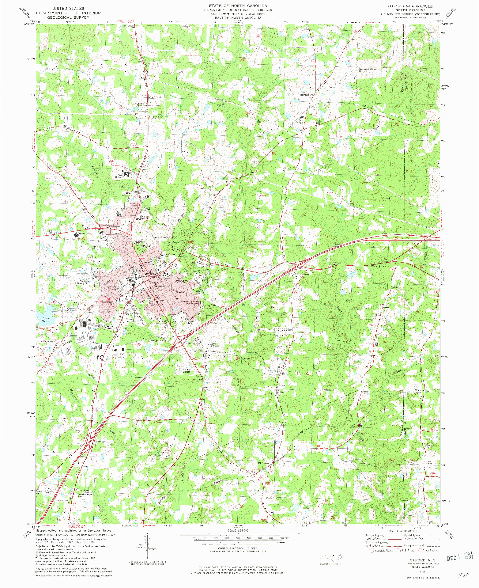 USGS 1:24000-SCALE QUADRANGLE FOR OXFORD, NC 1981