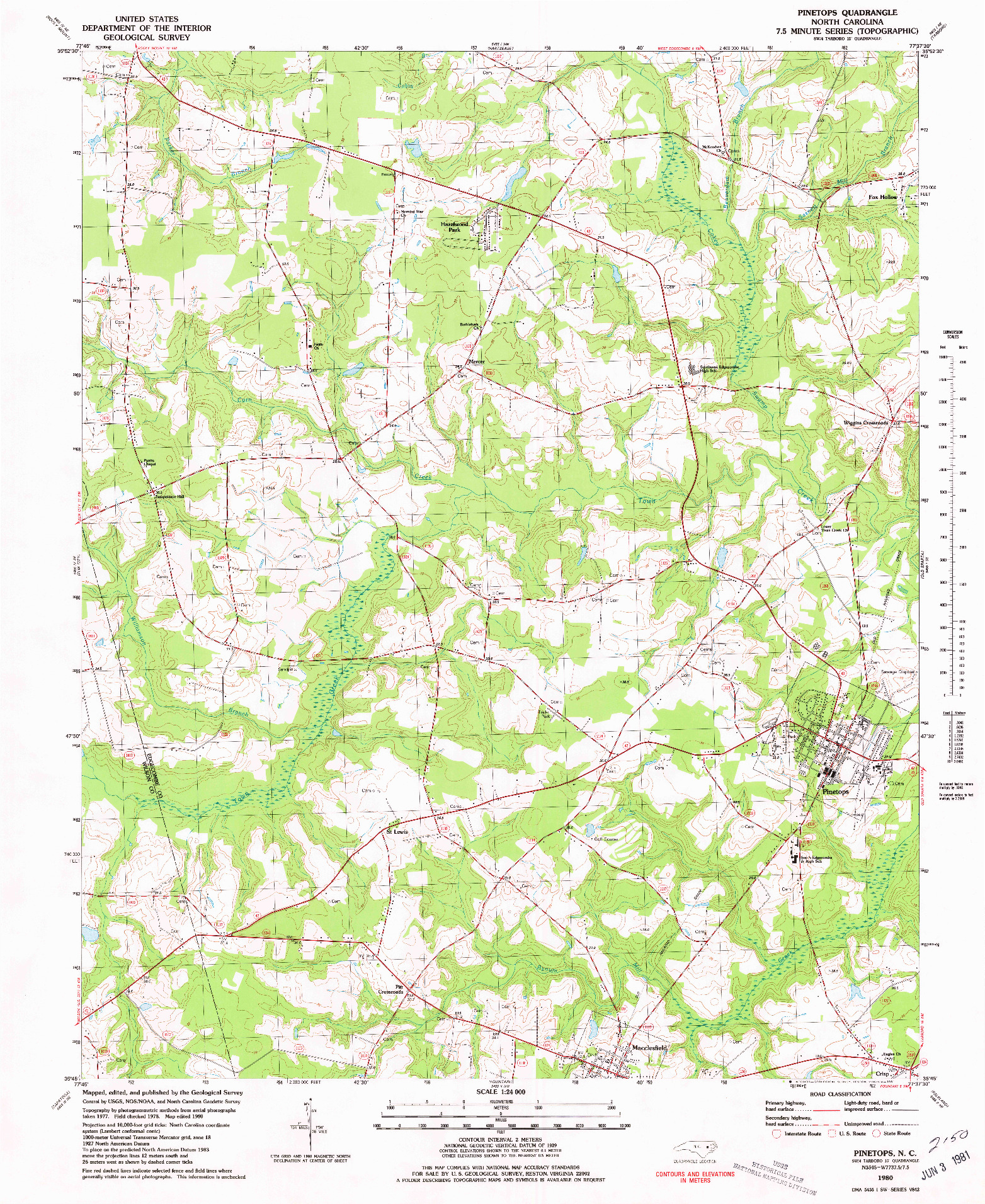 USGS 1:24000-SCALE QUADRANGLE FOR PINETOPS, NC 1980