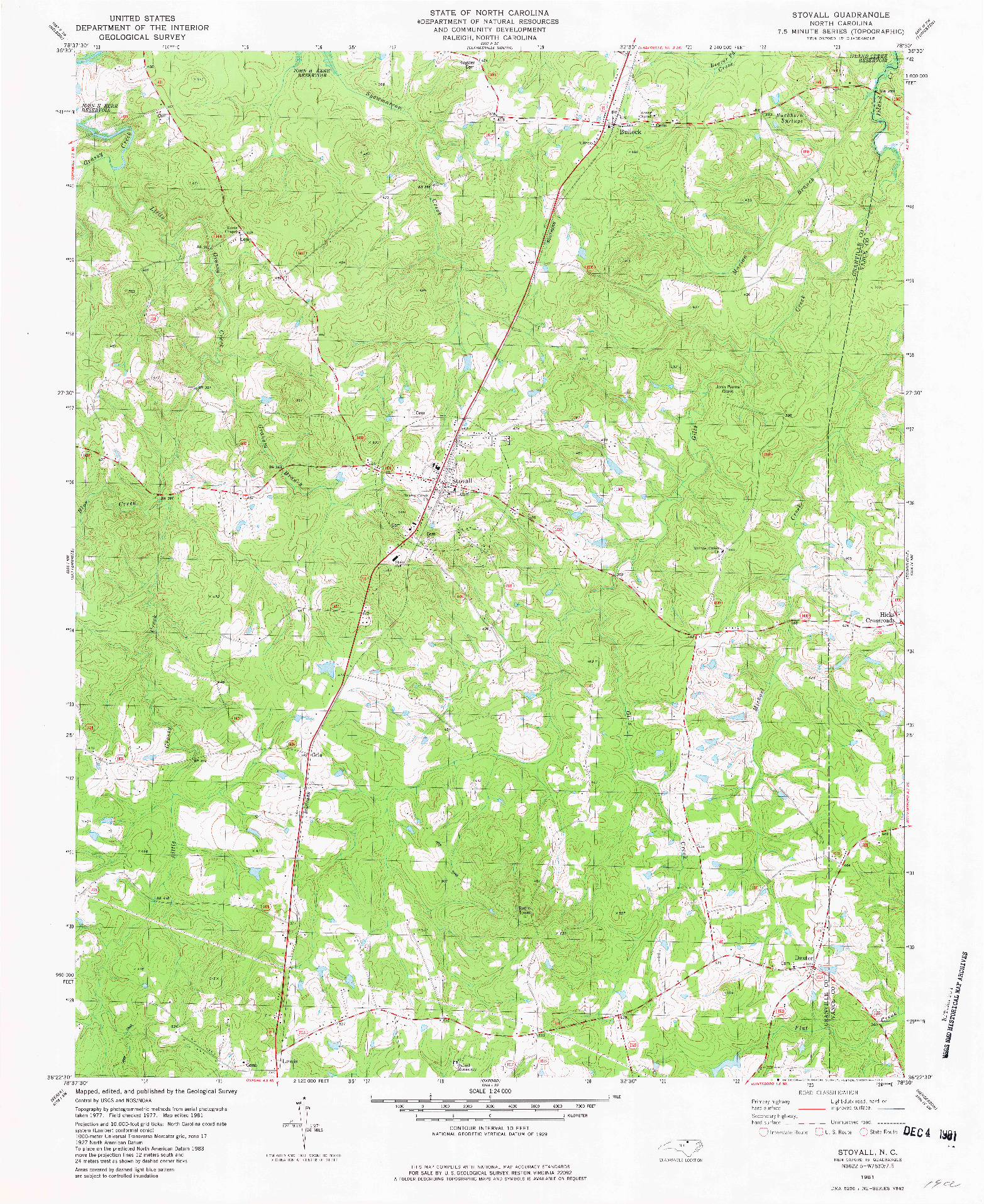 USGS 1:24000-SCALE QUADRANGLE FOR STOVALL, NC 1981