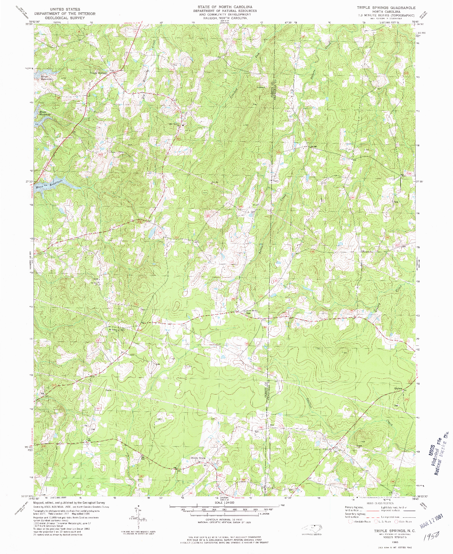 USGS 1:24000-SCALE QUADRANGLE FOR TRIPLE SPRINGS, NC 1980
