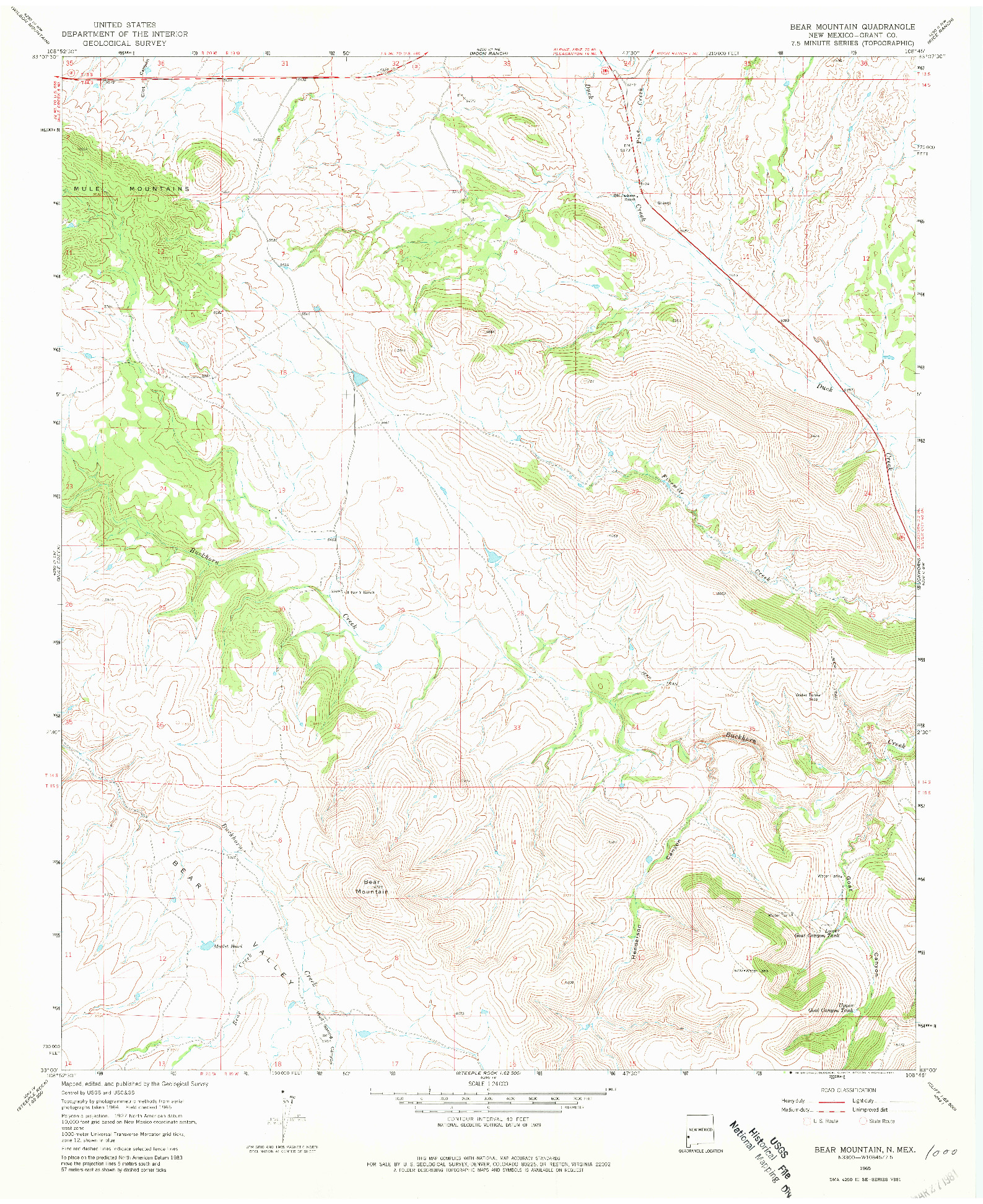 USGS 1:24000-SCALE QUADRANGLE FOR BEAR MOUNTAIN, NM 1965